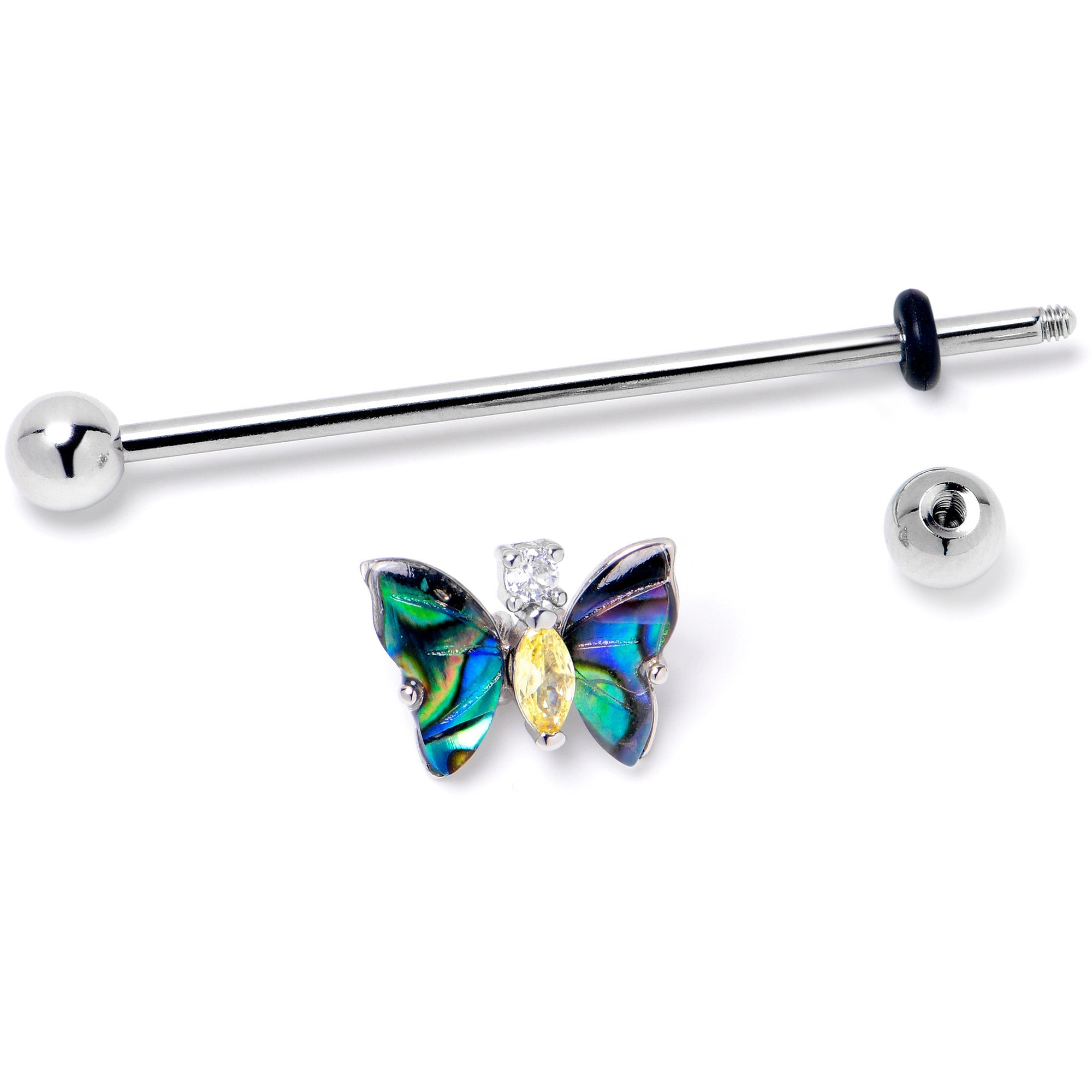 BodyCandy 14G Yellow Clear Gem Dark Butterfly Industrial Barbell 38mm — side view