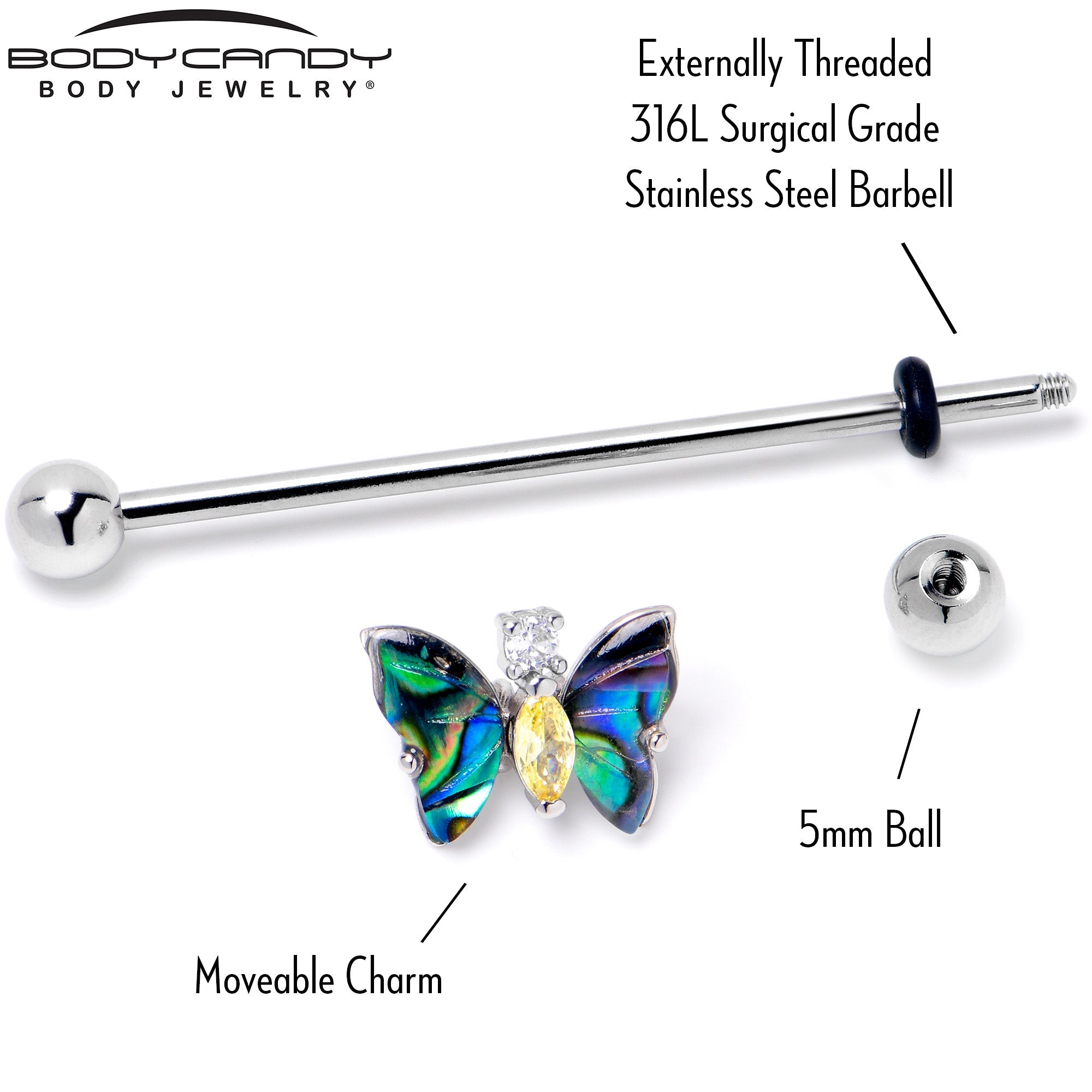 BodyCandy 14G Yellow Clear Gem Dark Butterfly Industrial Barbell 38mm — back view