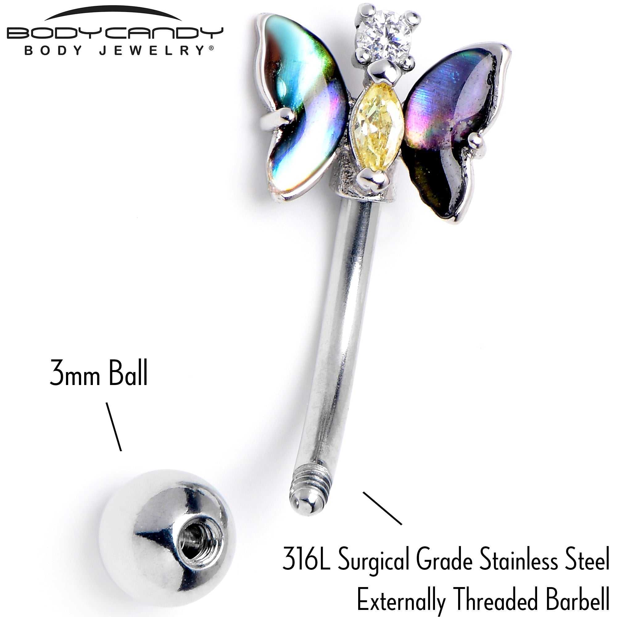 BodyCandy 16G 5/16 Yellow Clear Gem Dark Butterfly Curved Eyebrow Ring — side view