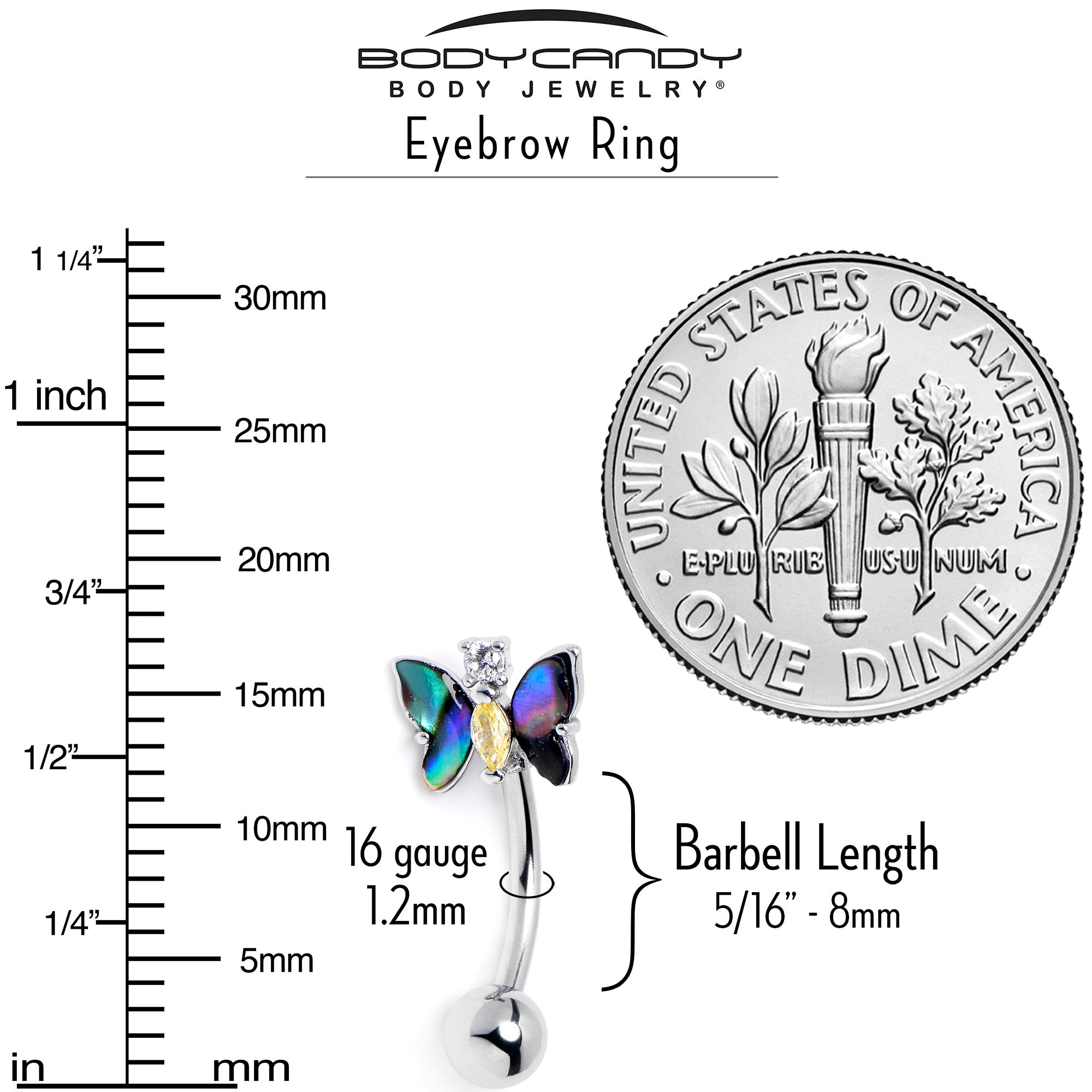BodyCandy 16G 5/16 Yellow Clear Gem Dark Butterfly Curved Eyebrow Ring — back view