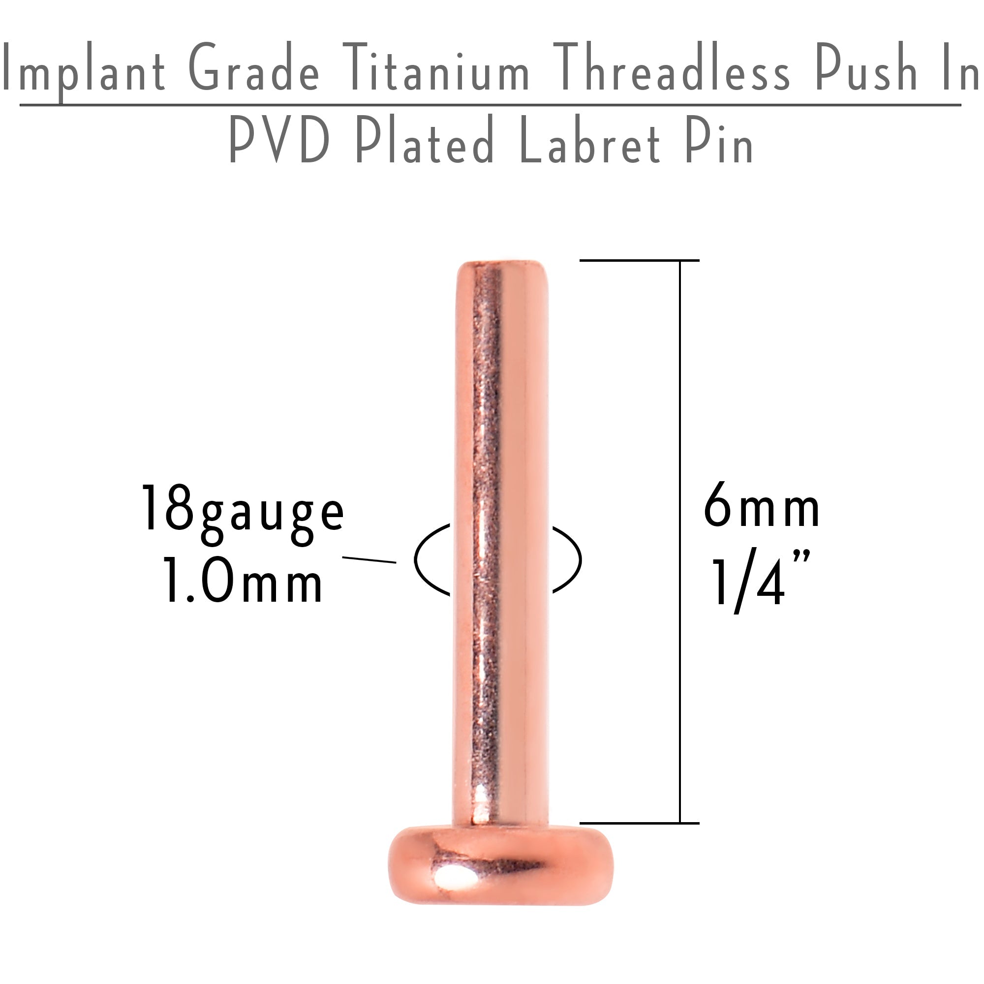 BodyCandy 18G 1/4 Rosy Tone ASTM F-136 Implant Grade Titanium Threadless Post Only Labret — detail close-up