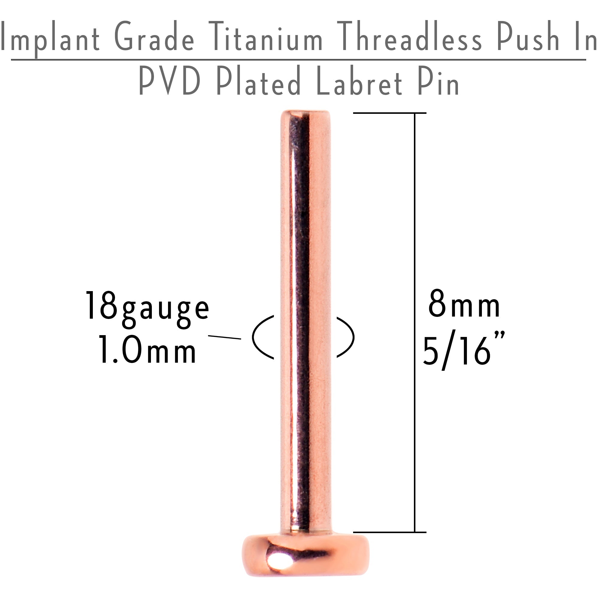 BodyCandy 18G 5/16 Rosy Tone ASTM F-136 Implant Grade Titanium Threadless Post Only Labret — detail close-up