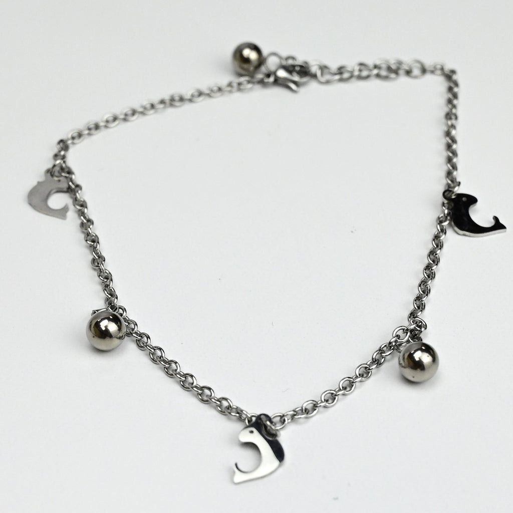 BodyCandy Oceanic Dolphin Dangle Stainless Steel Ankle Bracelet — detail close-up