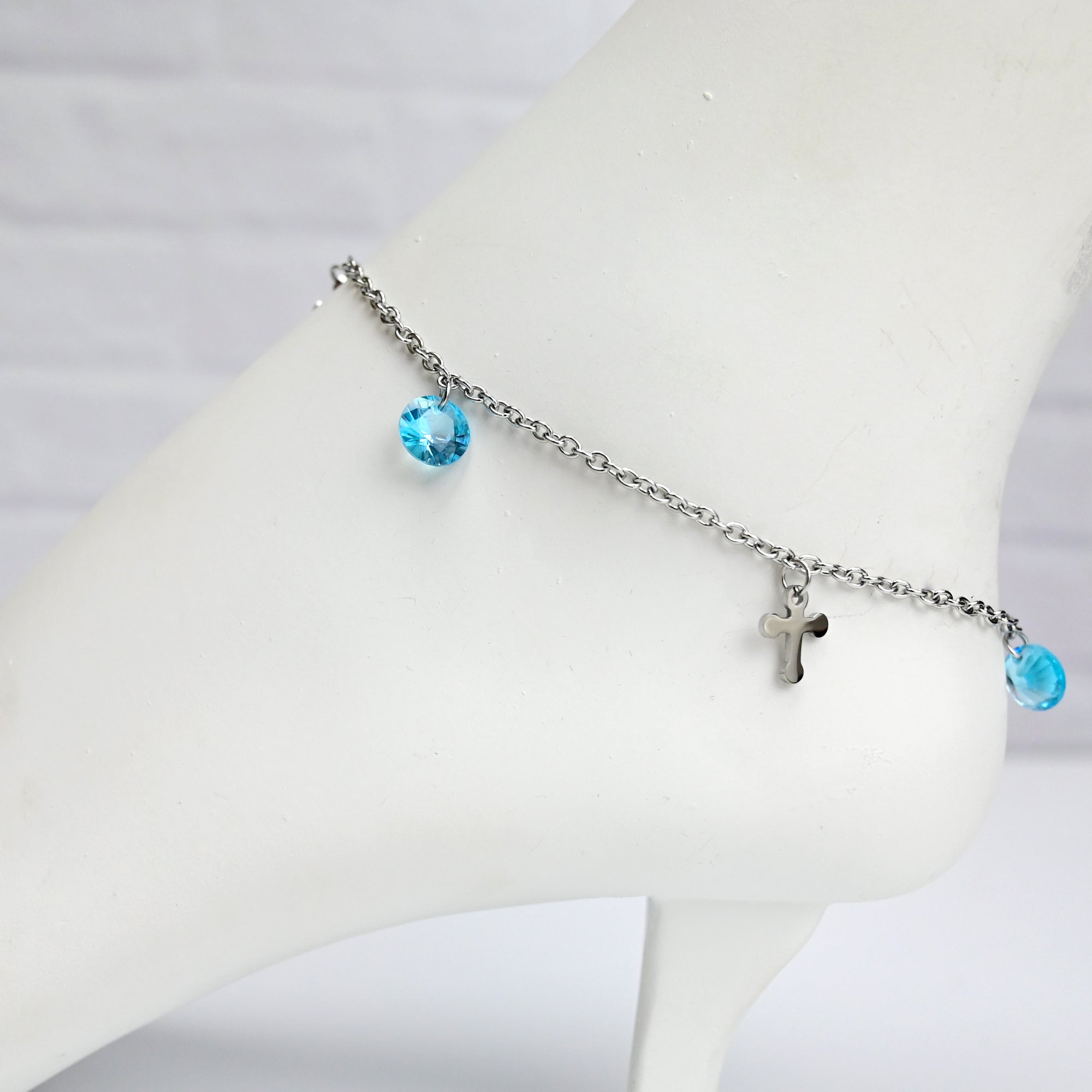 BodyCandy Blue Gem Cross Dangle Stainless Steel Ankle Bracelet — main product shot
