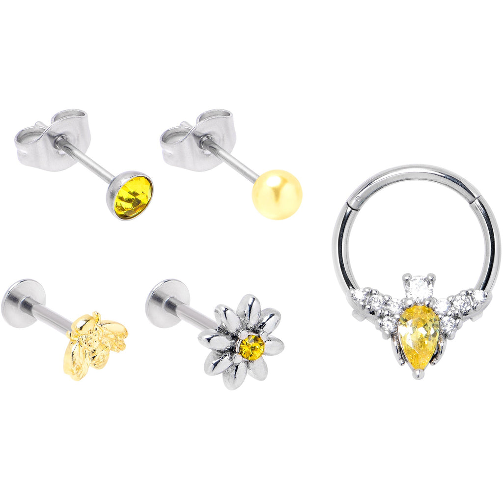 BodyCandy 16G Yellow Gem Bee Flower Labret Segment Ring Ear Curation Set of 5 — main product shot