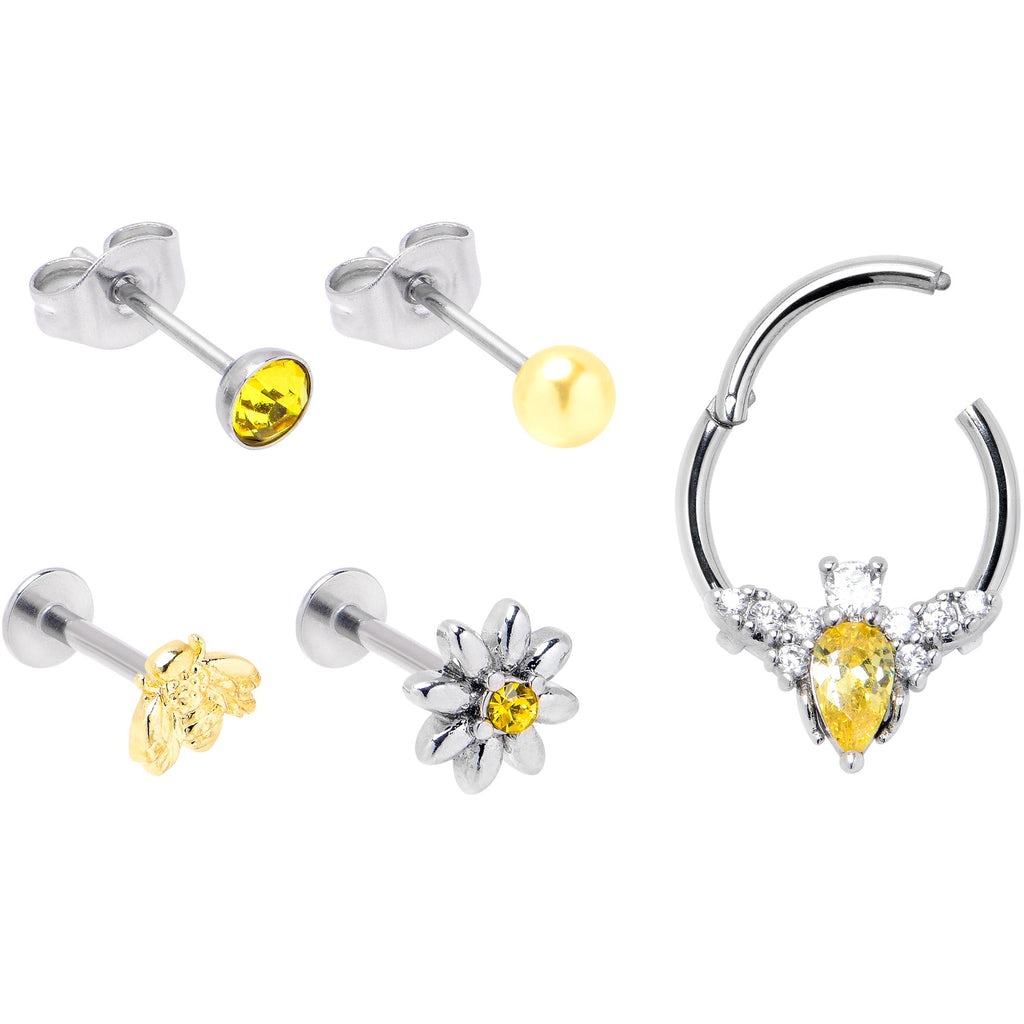 BodyCandy 16G Yellow Gem Bee Flower Labret Segment Ring Ear Curation Set of 5 — lifestyle context