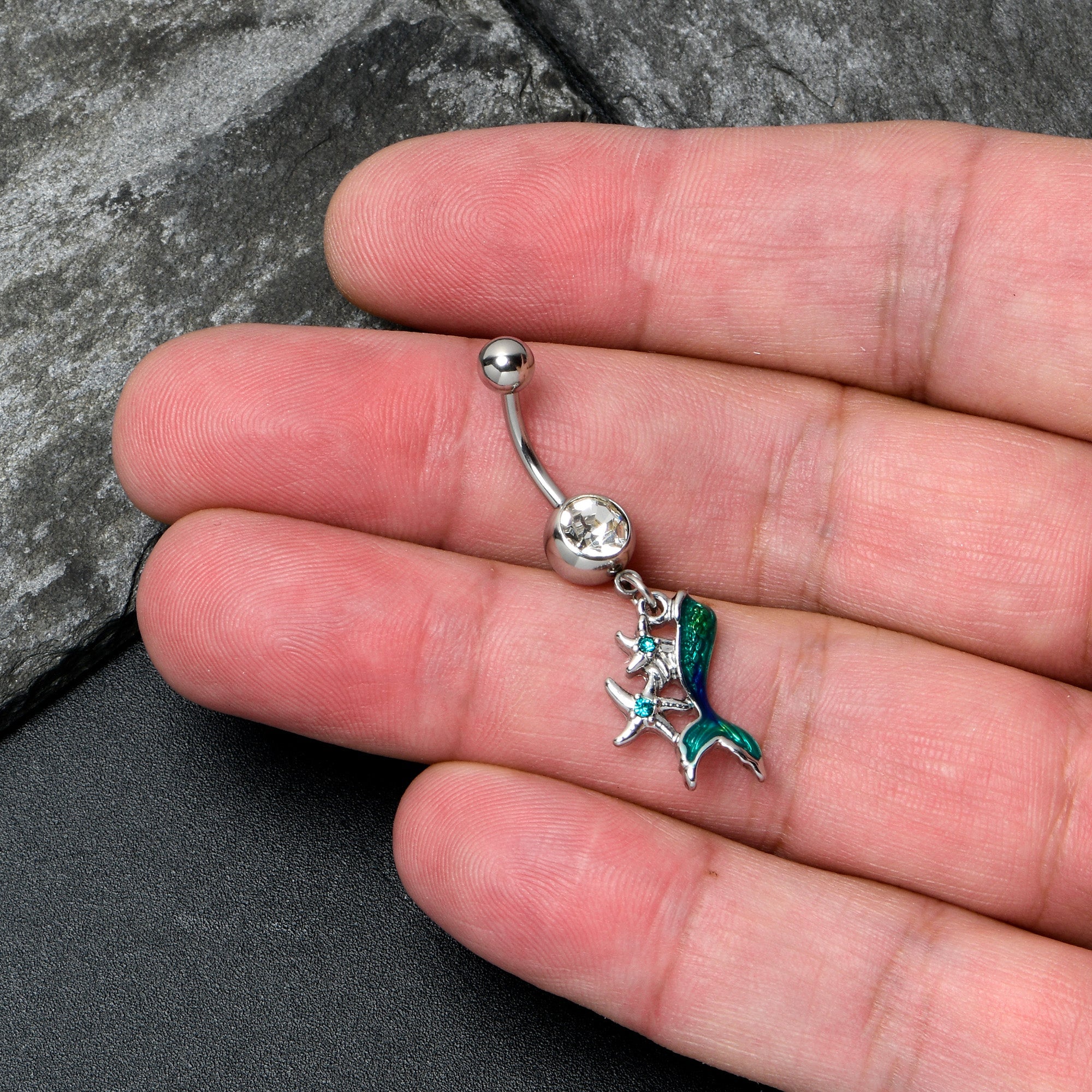 BodyCandy Blue Clear Gem Green Mermaid Tail Stars Dangle Belly Ring — detail close-up
