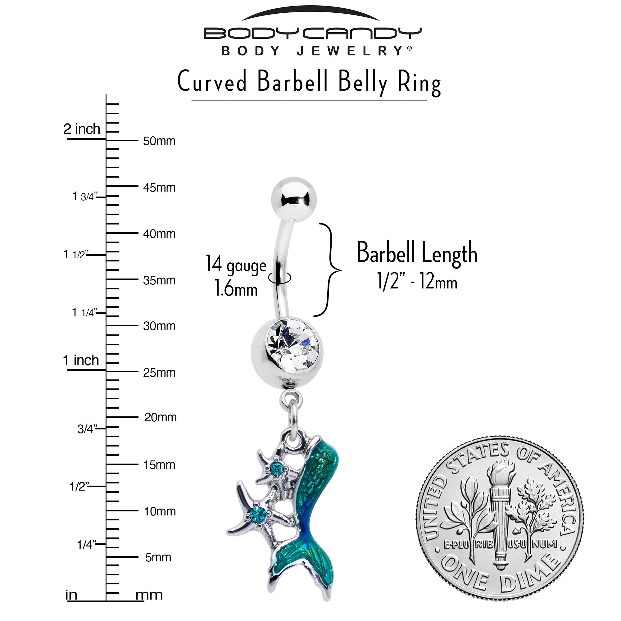 BodyCandy Blue Clear Gem Green Mermaid Tail Stars Dangle Belly Ring — lifestyle context