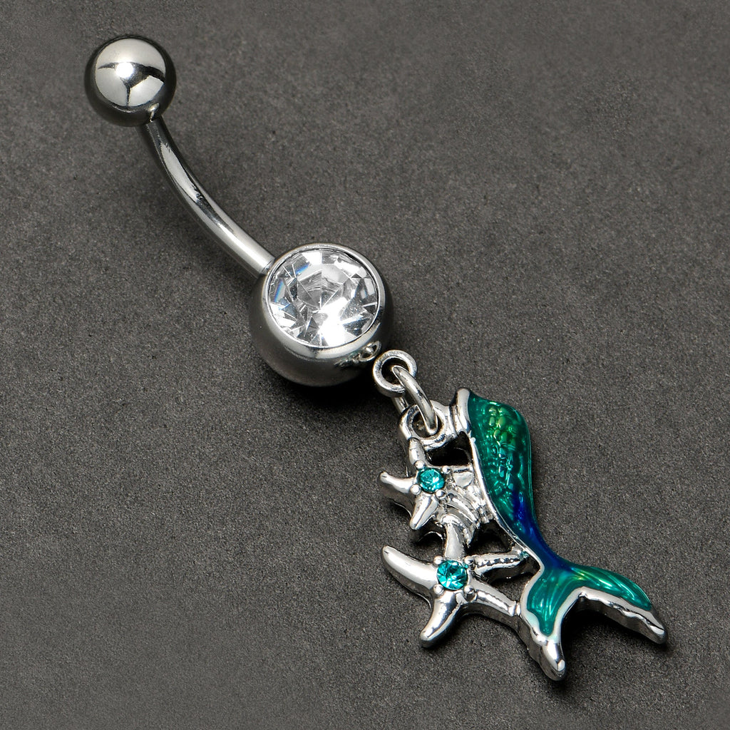 BodyCandy Blue Clear Gem Green Mermaid Tail Stars Dangle Belly Ring — side view