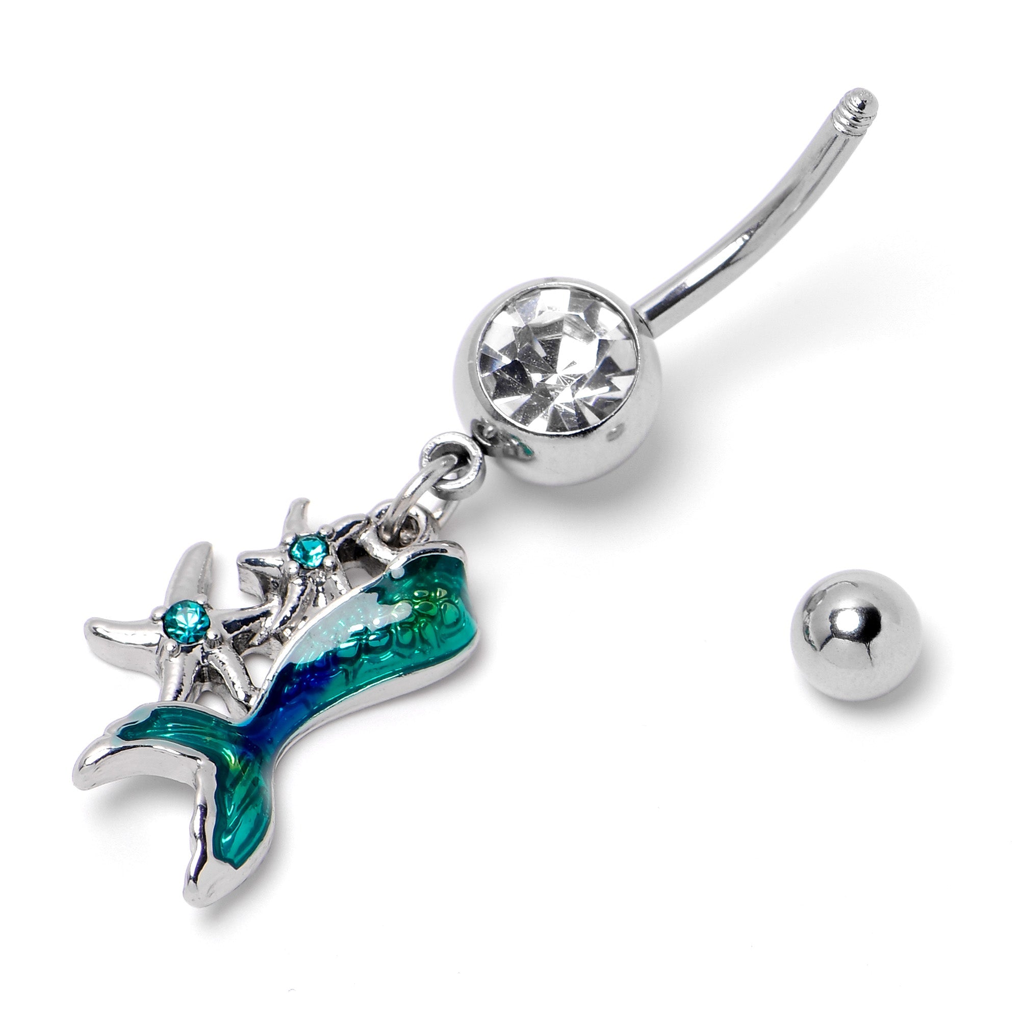 BodyCandy Blue Clear Gem Green Mermaid Tail Stars Dangle Belly Ring — alternative angle