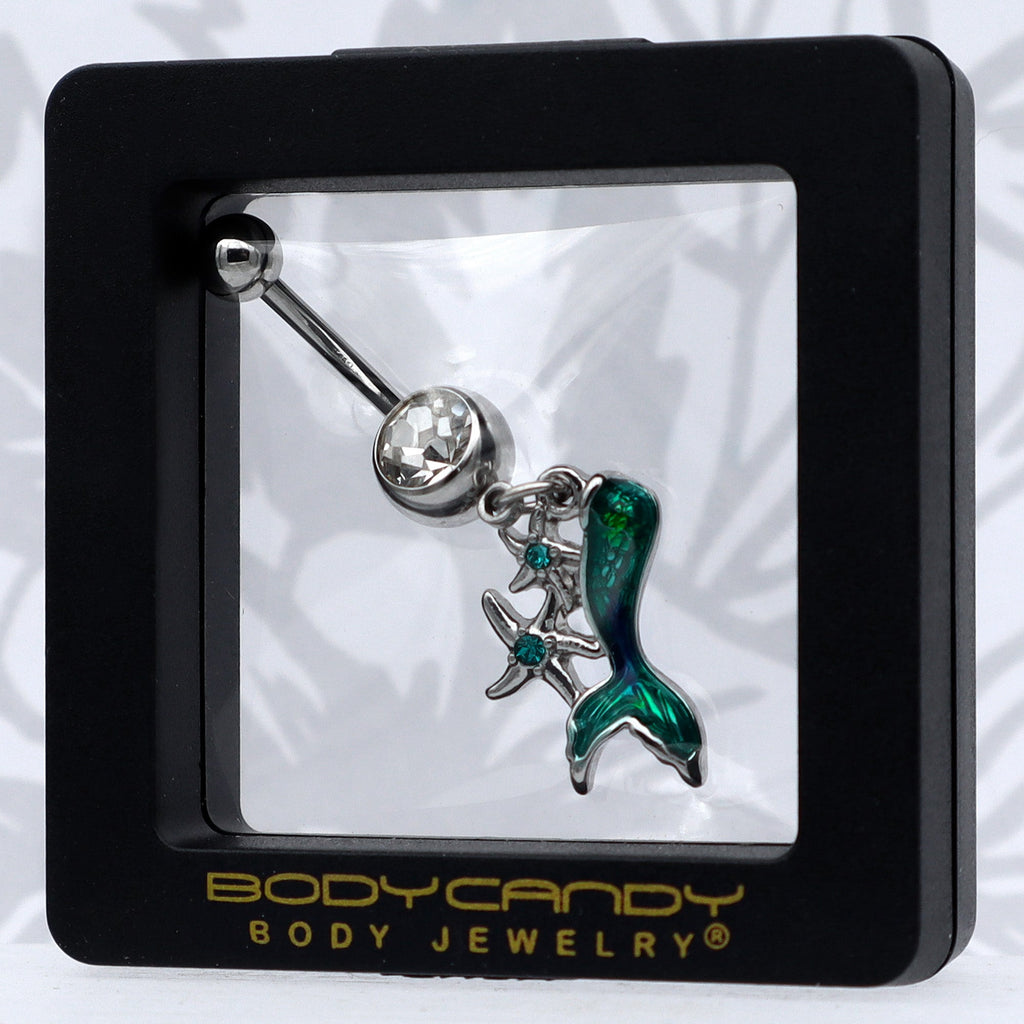 BodyCandy Blue Clear Gem Green Mermaid Tail Stars Dangle Belly Ring — in-use photo