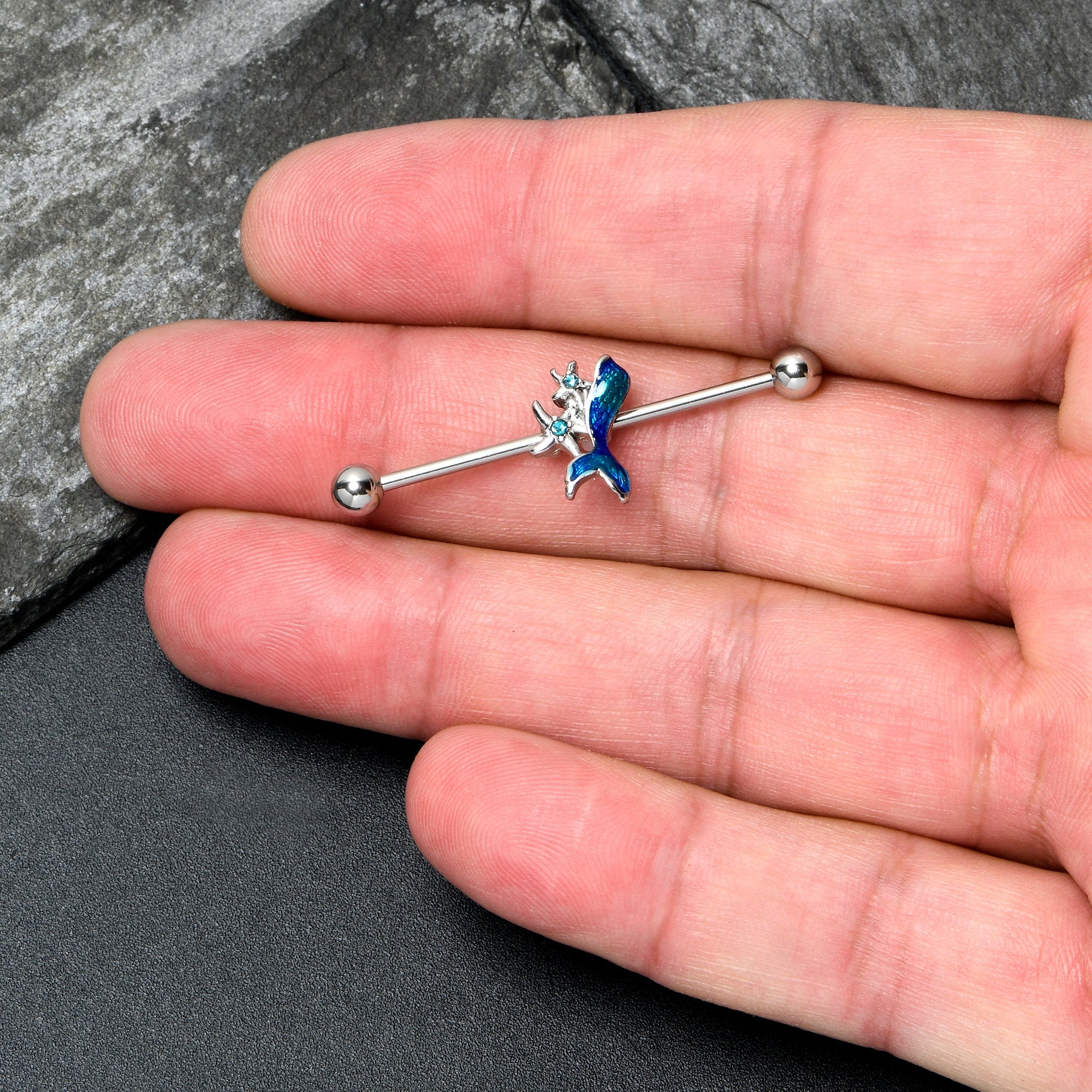 BodyCandy 14G Blue Gem Blue Mermaid Tail Star Industrial Barbell 38mm — lifestyle context