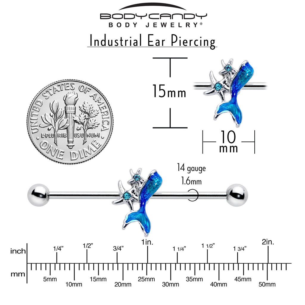 BodyCandy 14G Blue Gem Blue Mermaid Tail Star Industrial Barbell 38mm — side view
