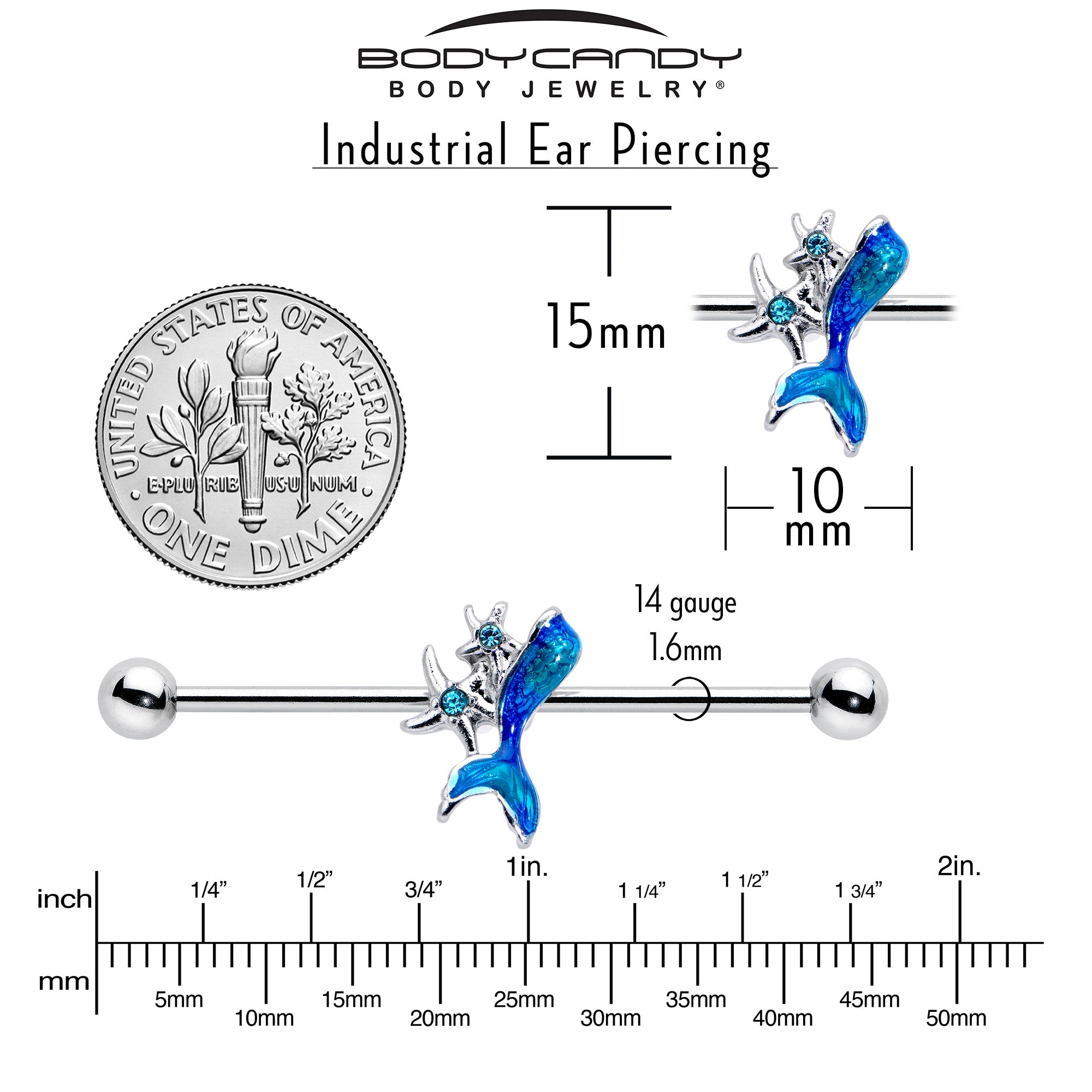 BodyCandy 14G Blue Gem Blue Mermaid Tail Star Industrial Barbell 38mm — side view