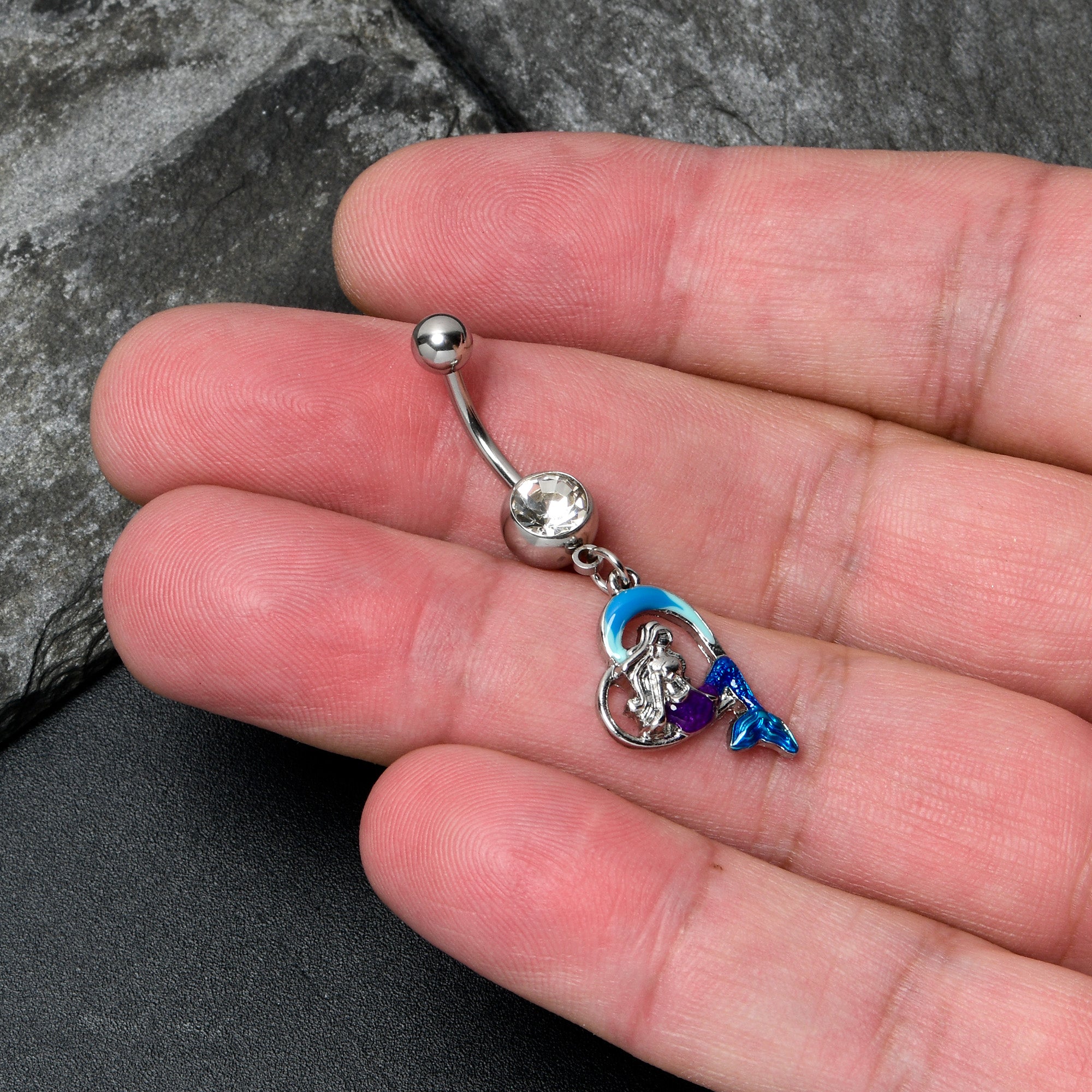 BodyCandy Clear Gem Mermaid Love Blue Dangle Belly Ring — detail close-up