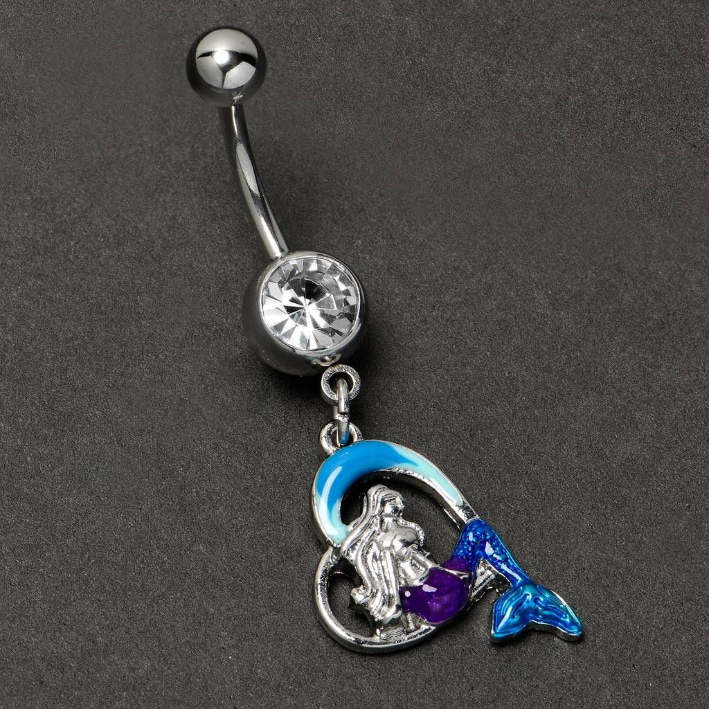 BodyCandy Clear Gem Mermaid Love Blue Dangle Belly Ring — side view