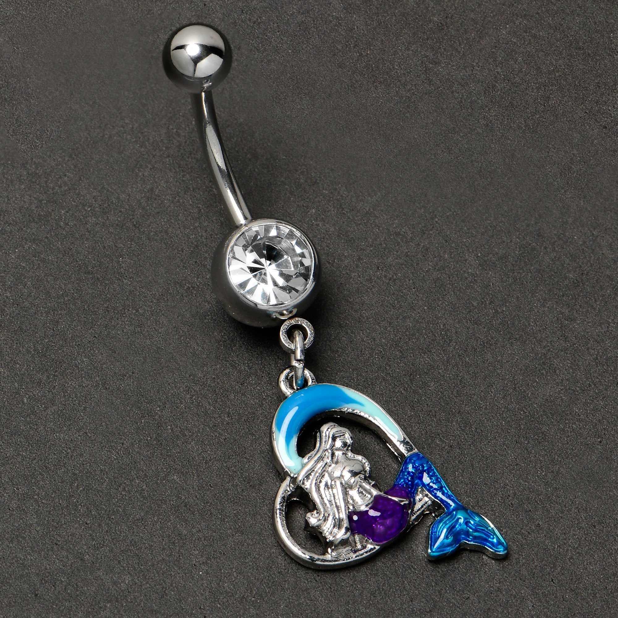 BodyCandy Clear Gem Mermaid Love Blue Dangle Belly Ring — side view
