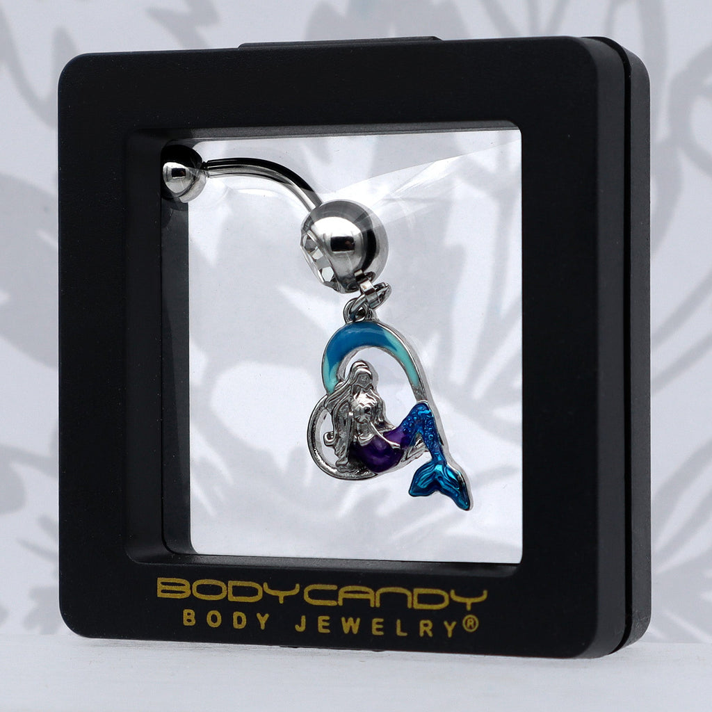 BodyCandy Clear Gem Mermaid Love Blue Dangle Belly Ring — in-use photo