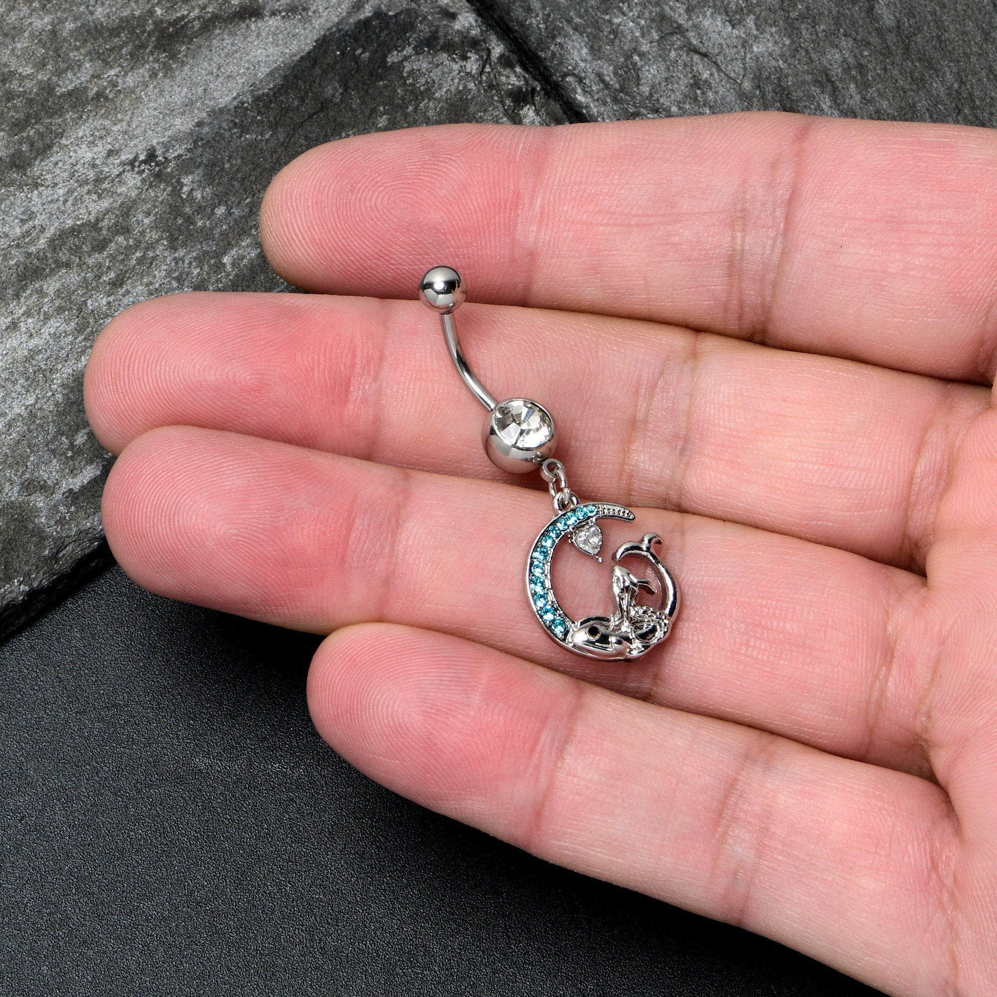 BodyCandy Clear Blue Gem Mermaid Whale Rider Moon Dangle Belly Ring — detail close-up