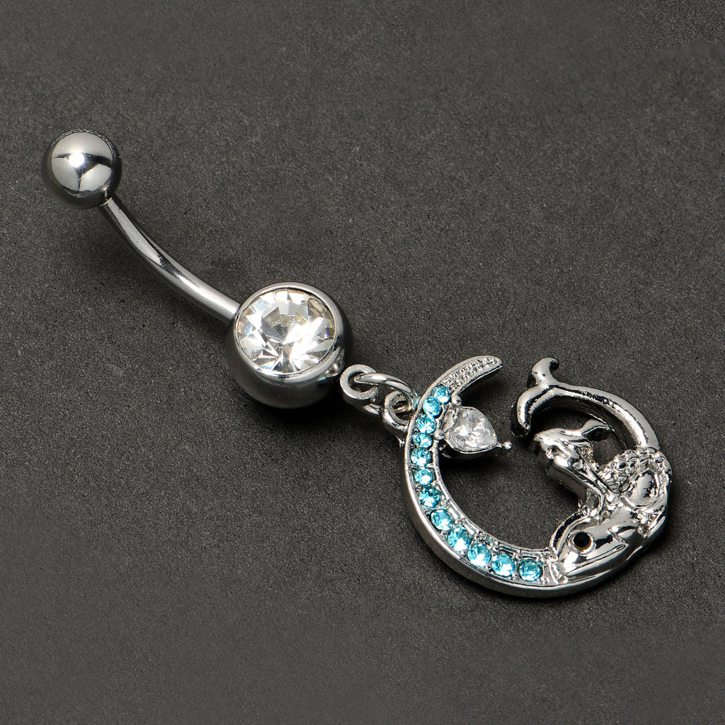 BodyCandy Clear Blue Gem Mermaid Whale Rider Moon Dangle Belly Ring — side view