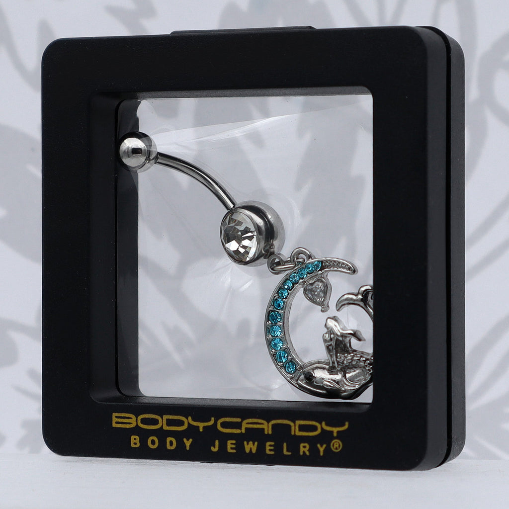 BodyCandy Clear Blue Gem Mermaid Whale Rider Moon Dangle Belly Ring — in-use photo