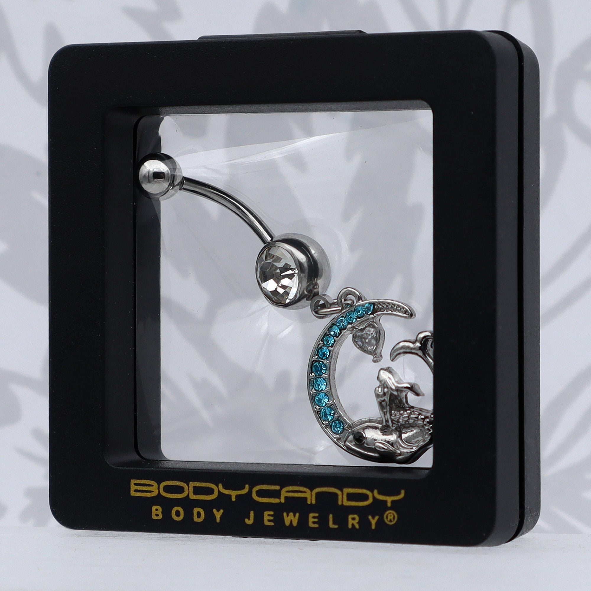 BodyCandy Clear Blue Gem Mermaid Whale Rider Moon Dangle Belly Ring — in-use photo