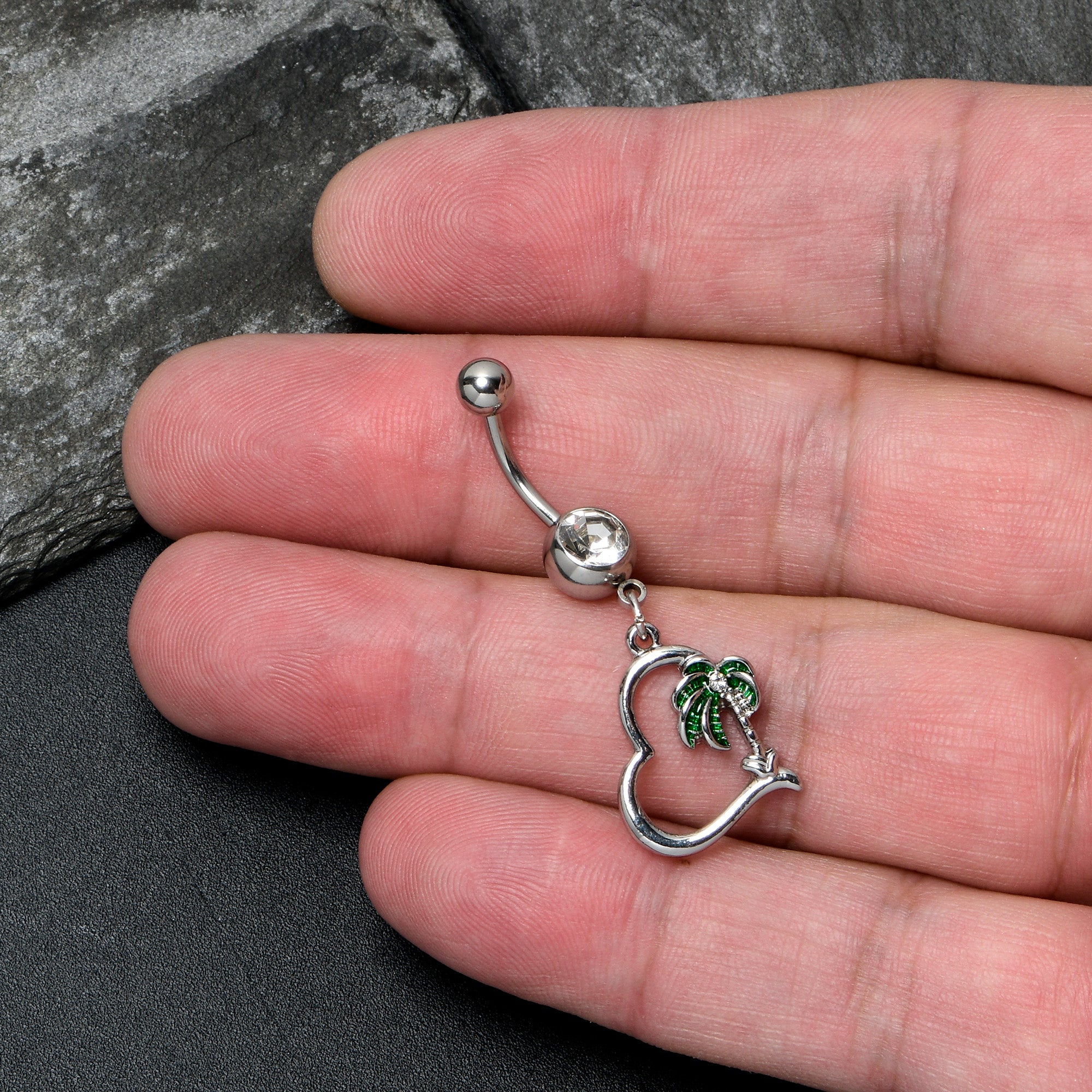 BodyCandy Clear Gem Palm Tree Love Heart Dangle Belly Ring — detail close-up