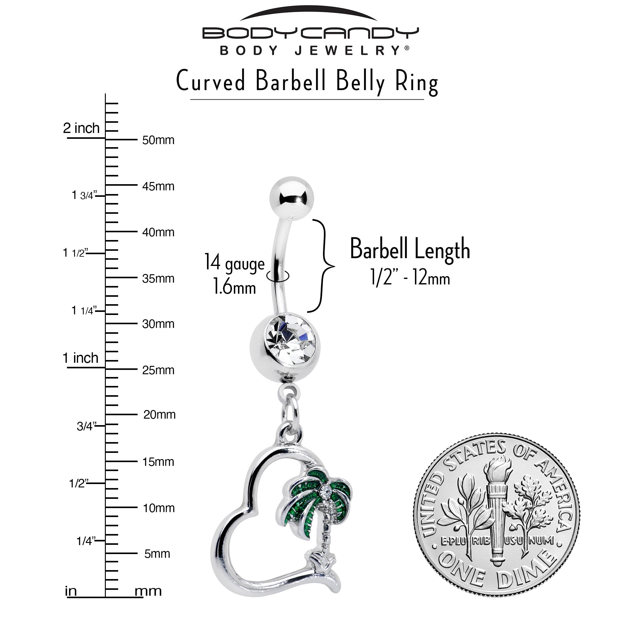 BodyCandy Clear Gem Palm Tree Love Heart Dangle Belly Ring — lifestyle context