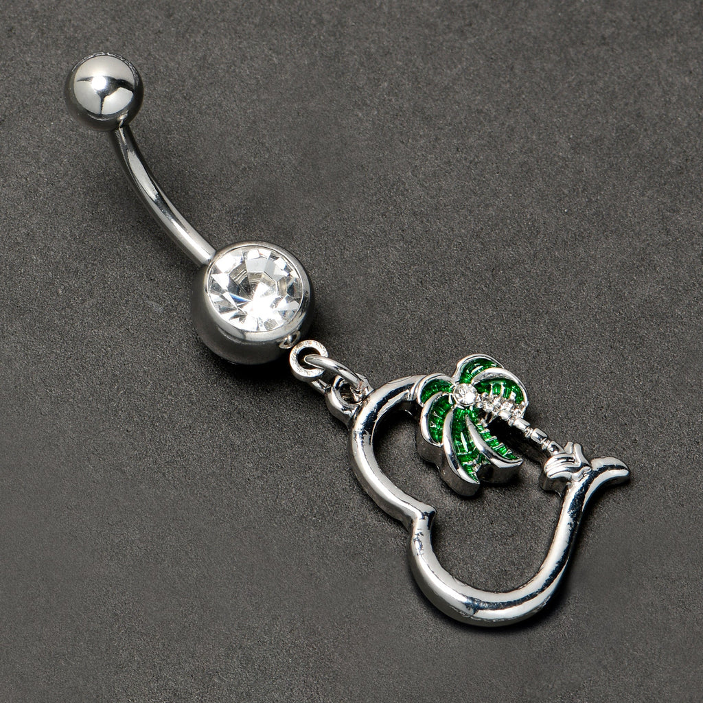 BodyCandy Clear Gem Palm Tree Love Heart Dangle Belly Ring — side view