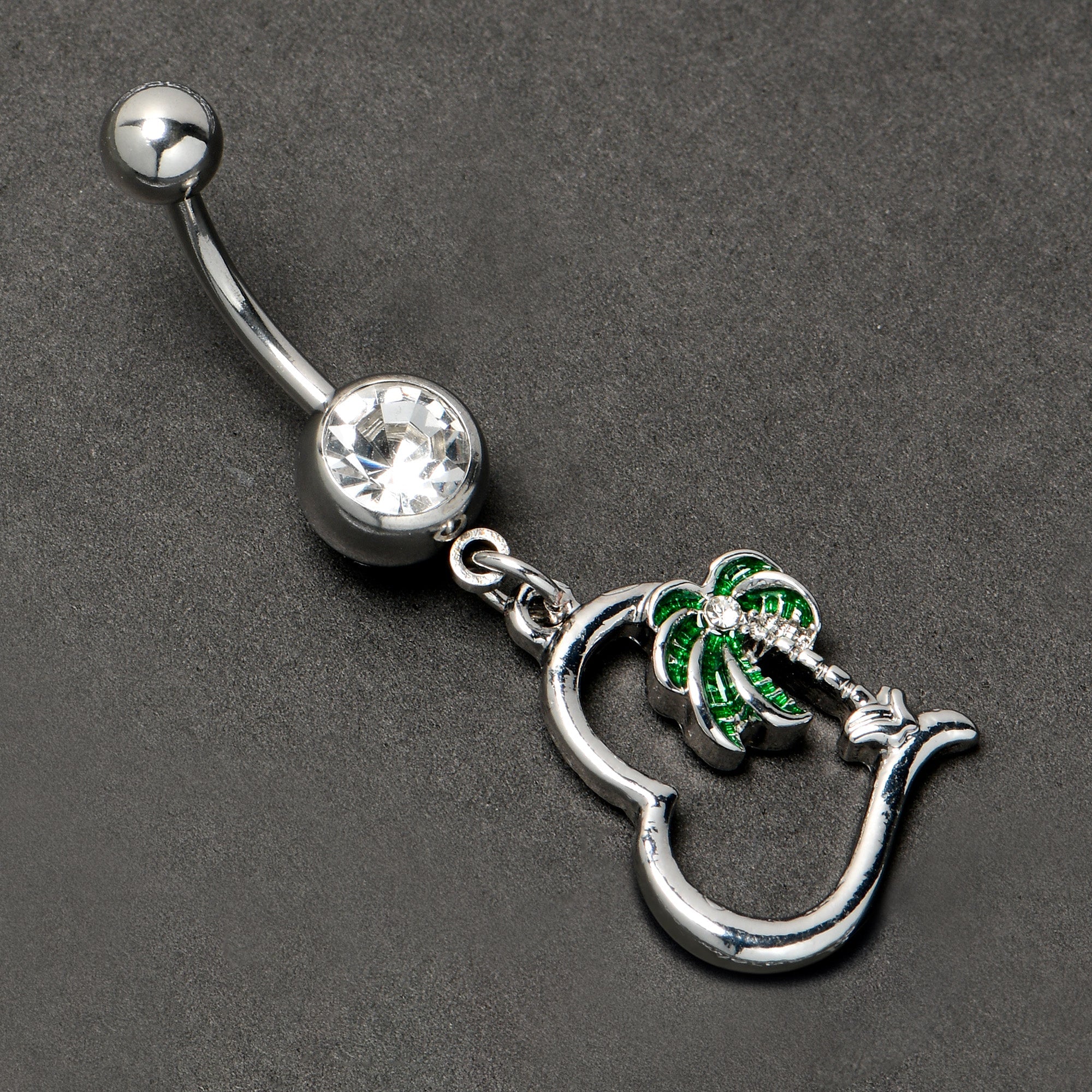 BodyCandy Clear Gem Palm Tree Love Heart Dangle Belly Ring — side view