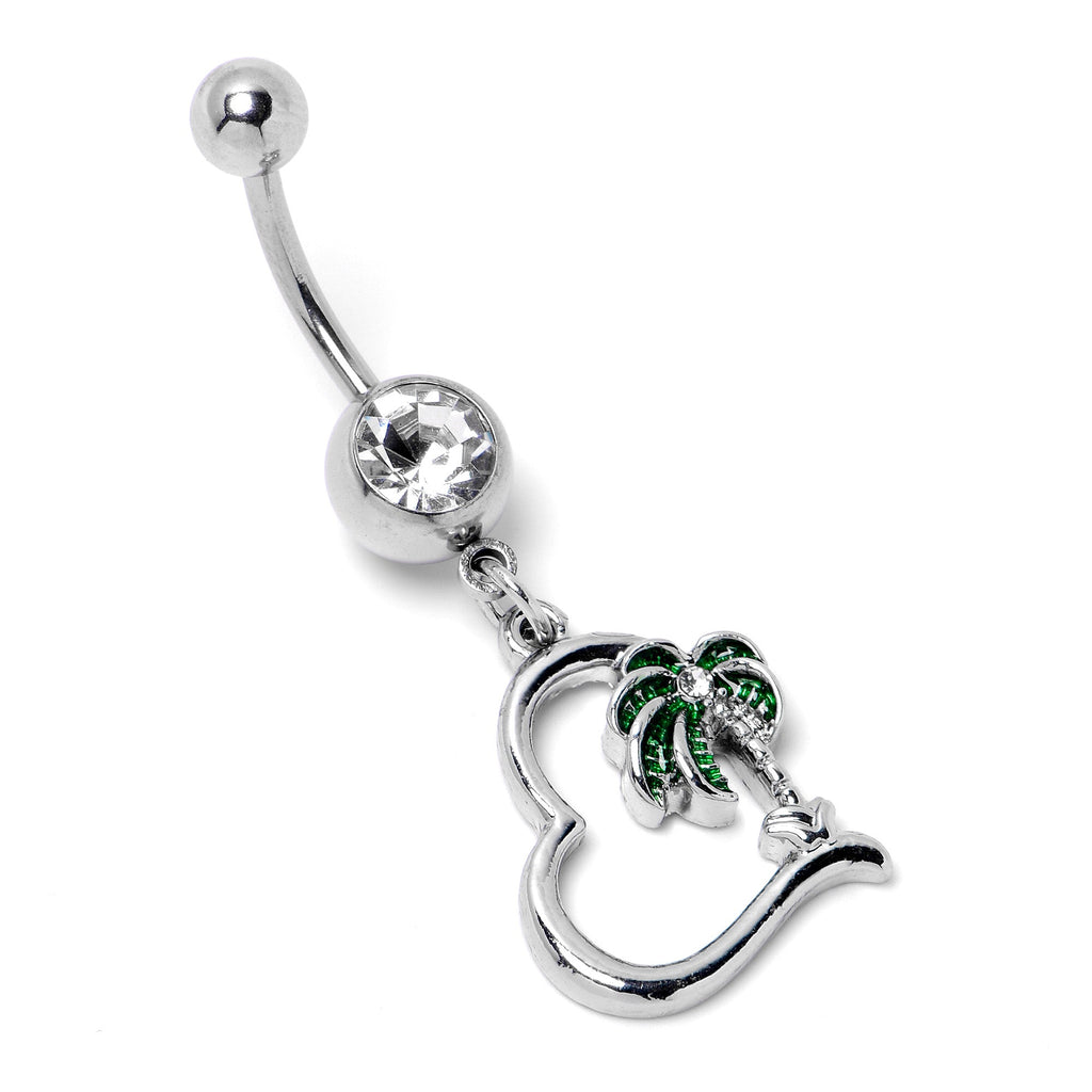 BodyCandy Clear Gem Palm Tree Love Heart Dangle Belly Ring — back view