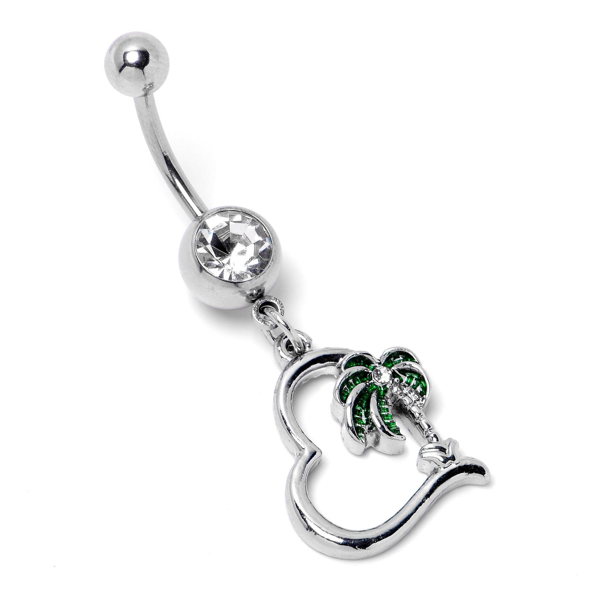BodyCandy Clear Gem Palm Tree Love Heart Dangle Belly Ring — back view