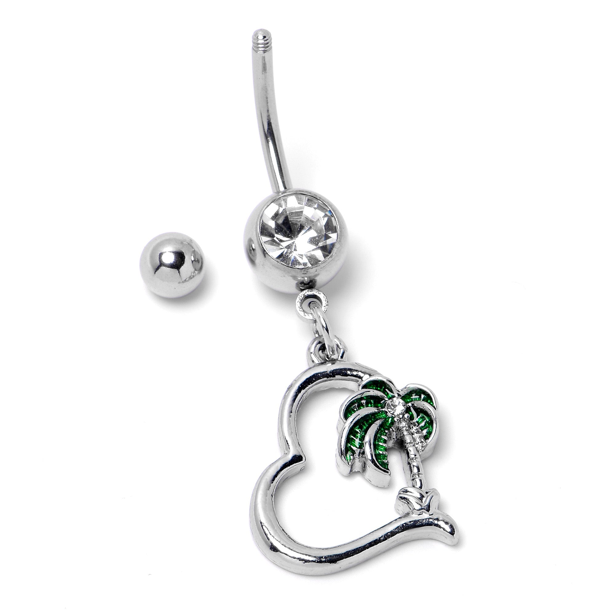 BodyCandy Clear Gem Palm Tree Love Heart Dangle Belly Ring — alternative angle