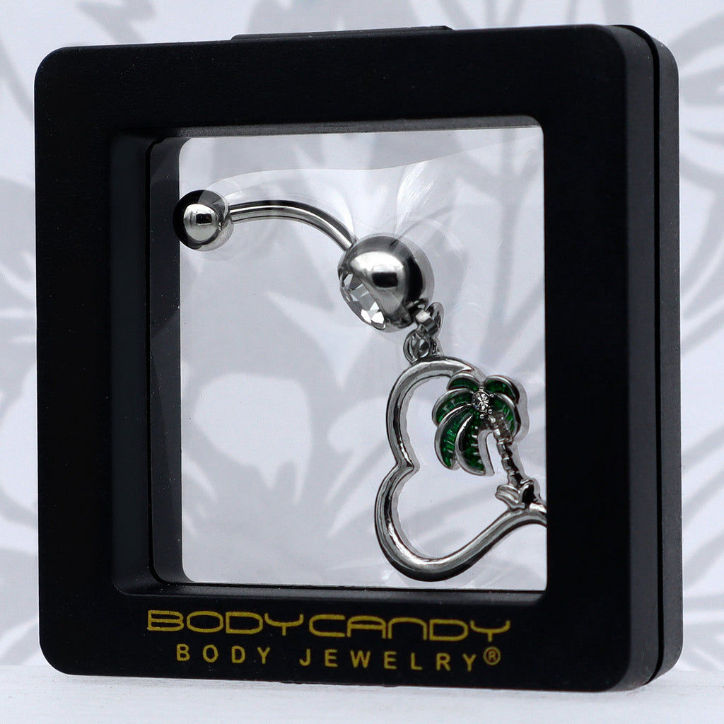 BodyCandy Clear Gem Palm Tree Love Heart Dangle Belly Ring — in-use photo