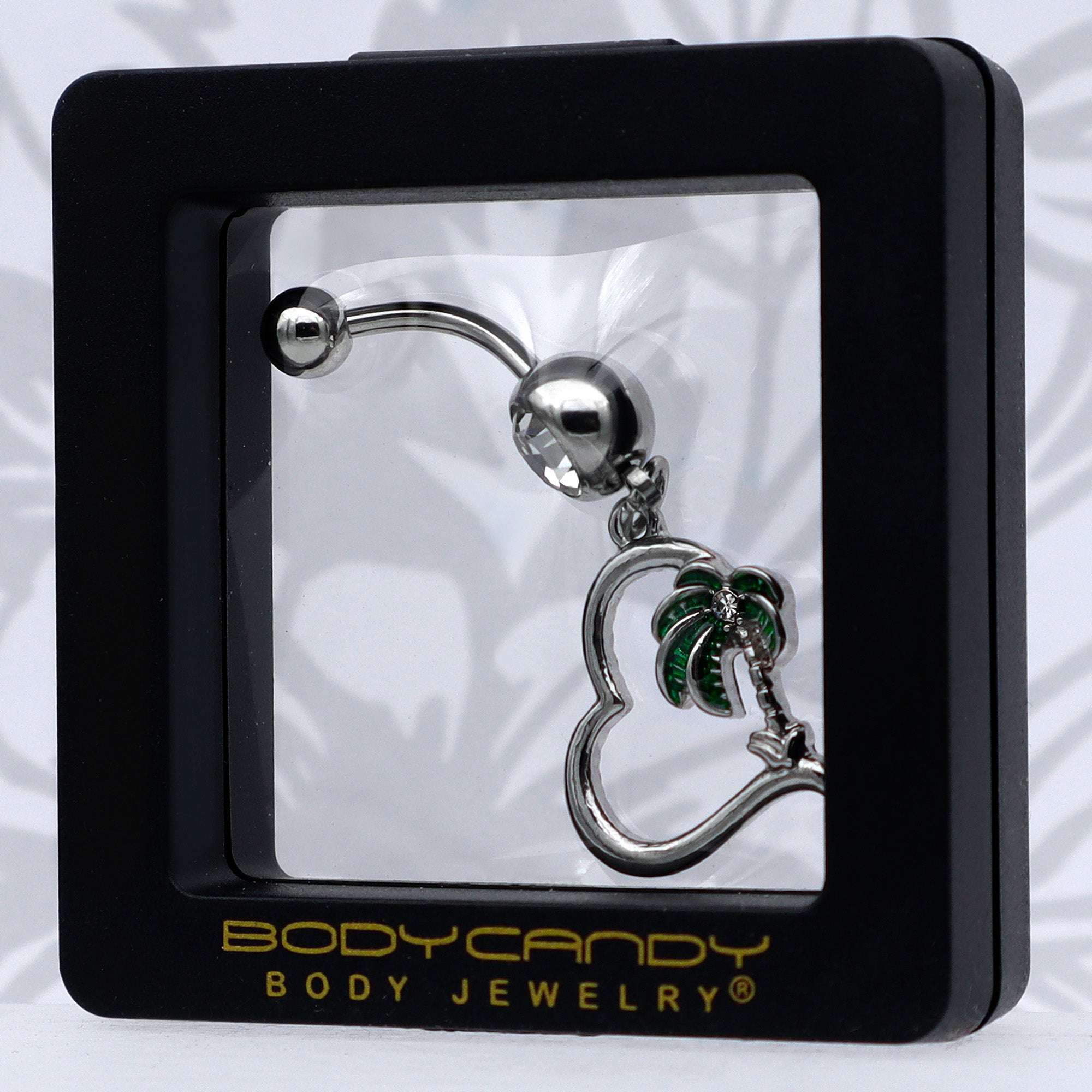 BodyCandy Clear Gem Palm Tree Love Heart Dangle Belly Ring — in-use photo