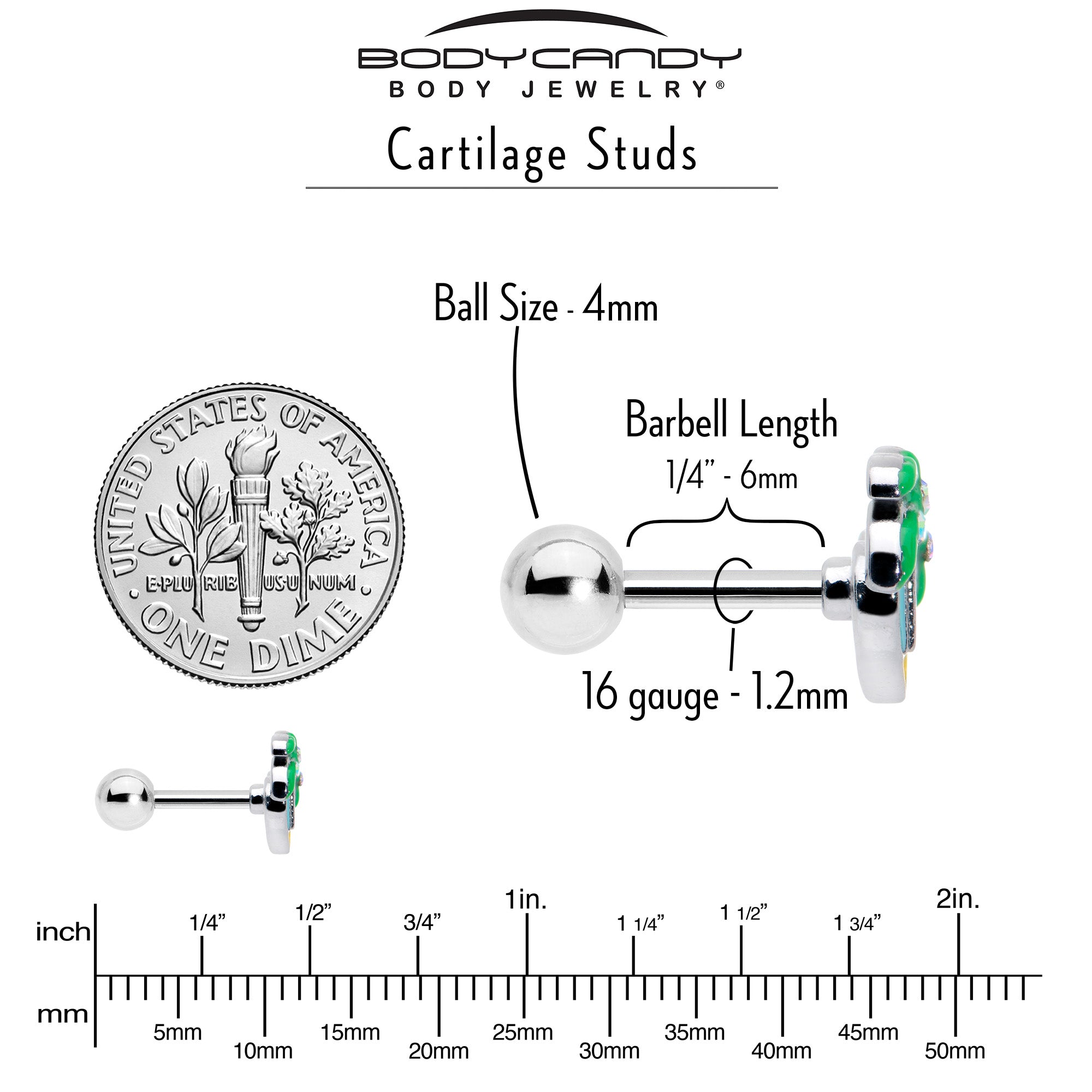 BodyCandy 16G 1/4 Aurora Gem Beach Heart Palm Tree Cartilage Tragus Earring — back view