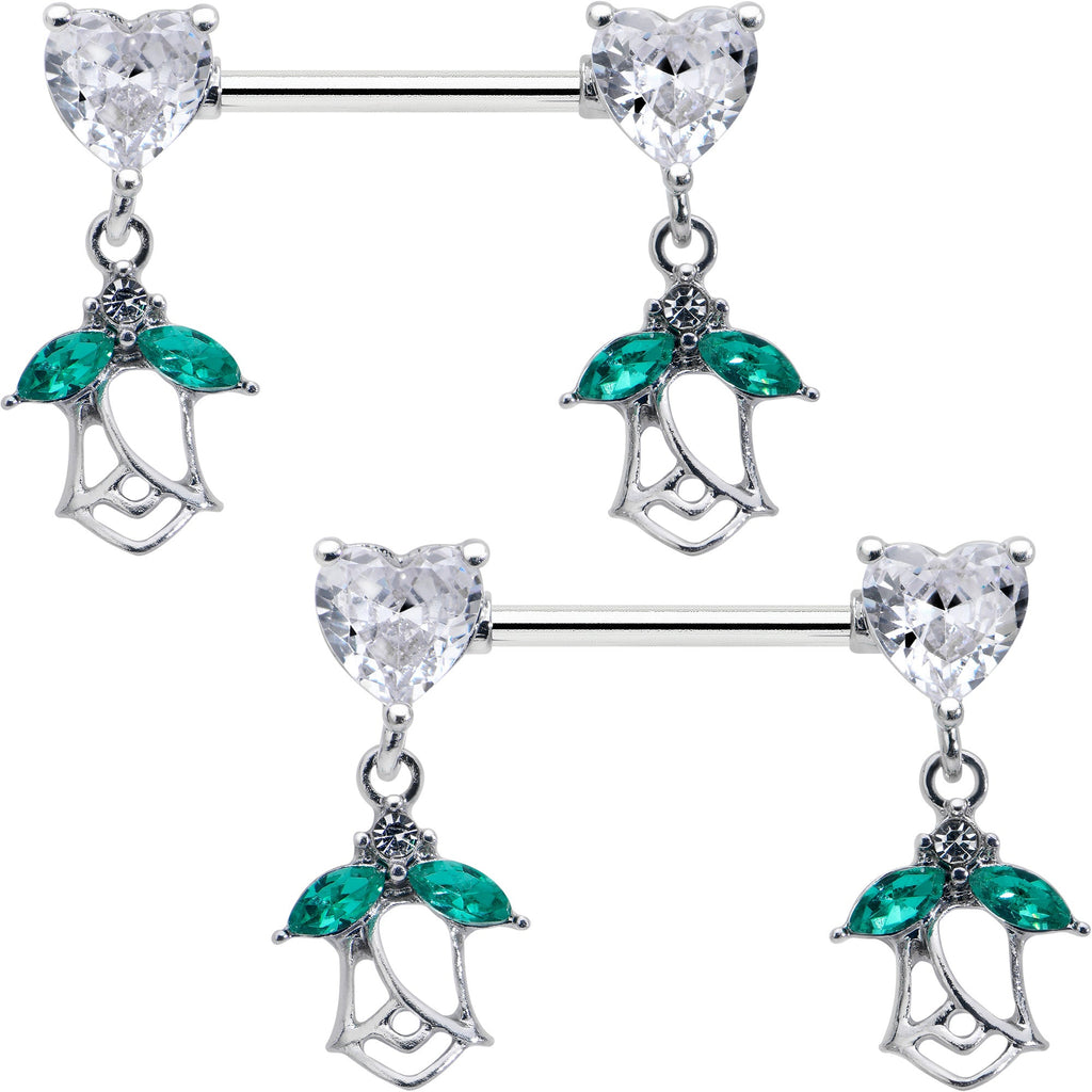 BodyCandy 14G 9/16 Clear CZ Gem Hearts And Roses Dangle Nipple Ring Set — main product shot