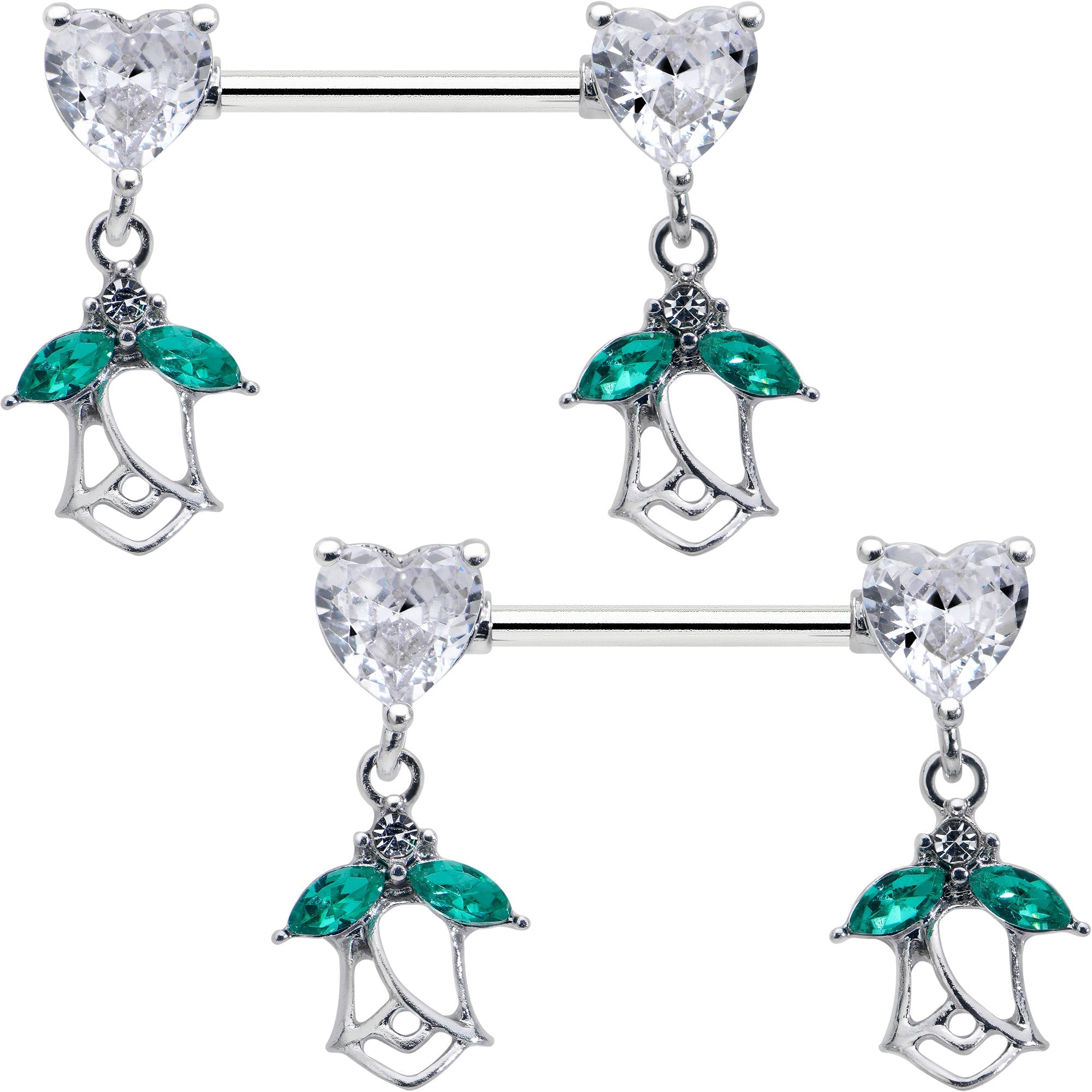 BodyCandy 14G 9/16 Clear CZ Gem Hearts And Roses Dangle Nipple Ring Set — main product shot