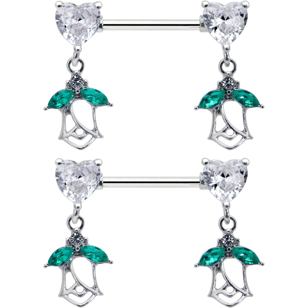 BodyCandy 14G 9/16 Clear CZ Gem Hearts And Roses Dangle Nipple Ring Set — detail close-up