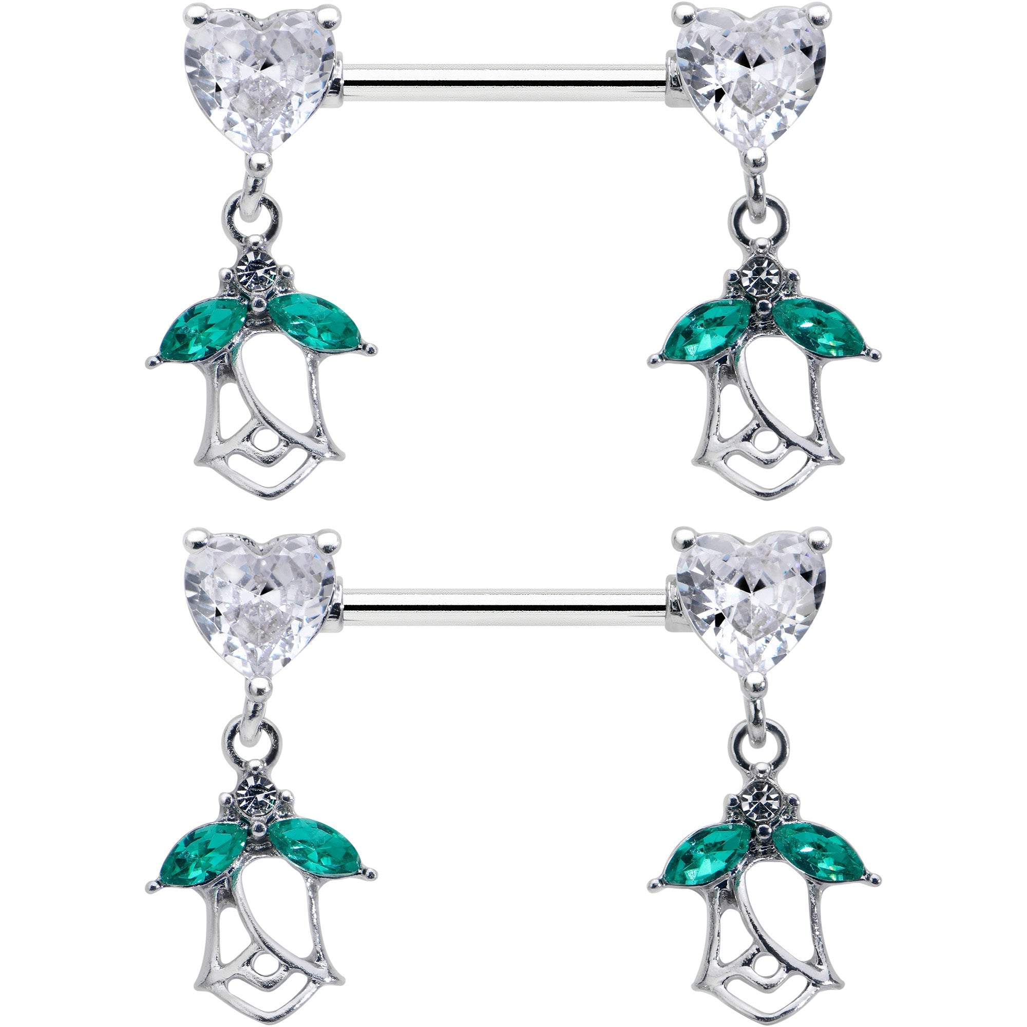 BodyCandy 14G 9/16 Clear CZ Gem Hearts And Roses Dangle Nipple Ring Set — detail close-up