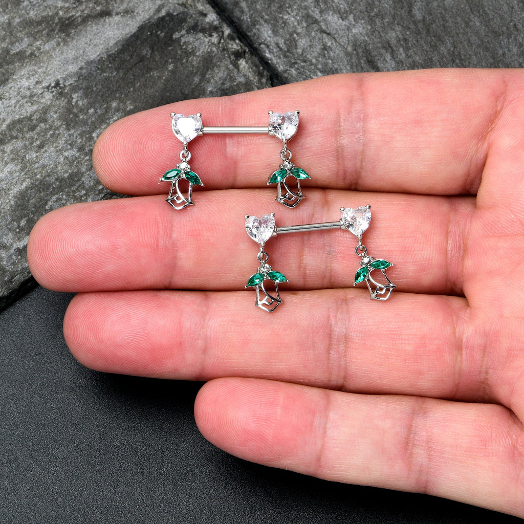 BodyCandy 14G 9/16 Clear CZ Gem Hearts And Roses Dangle Nipple Ring Set — lifestyle context