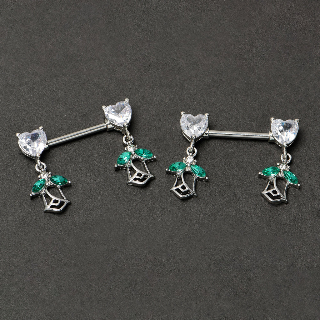 BodyCandy 14G 9/16 Clear CZ Gem Hearts And Roses Dangle Nipple Ring Set — back view