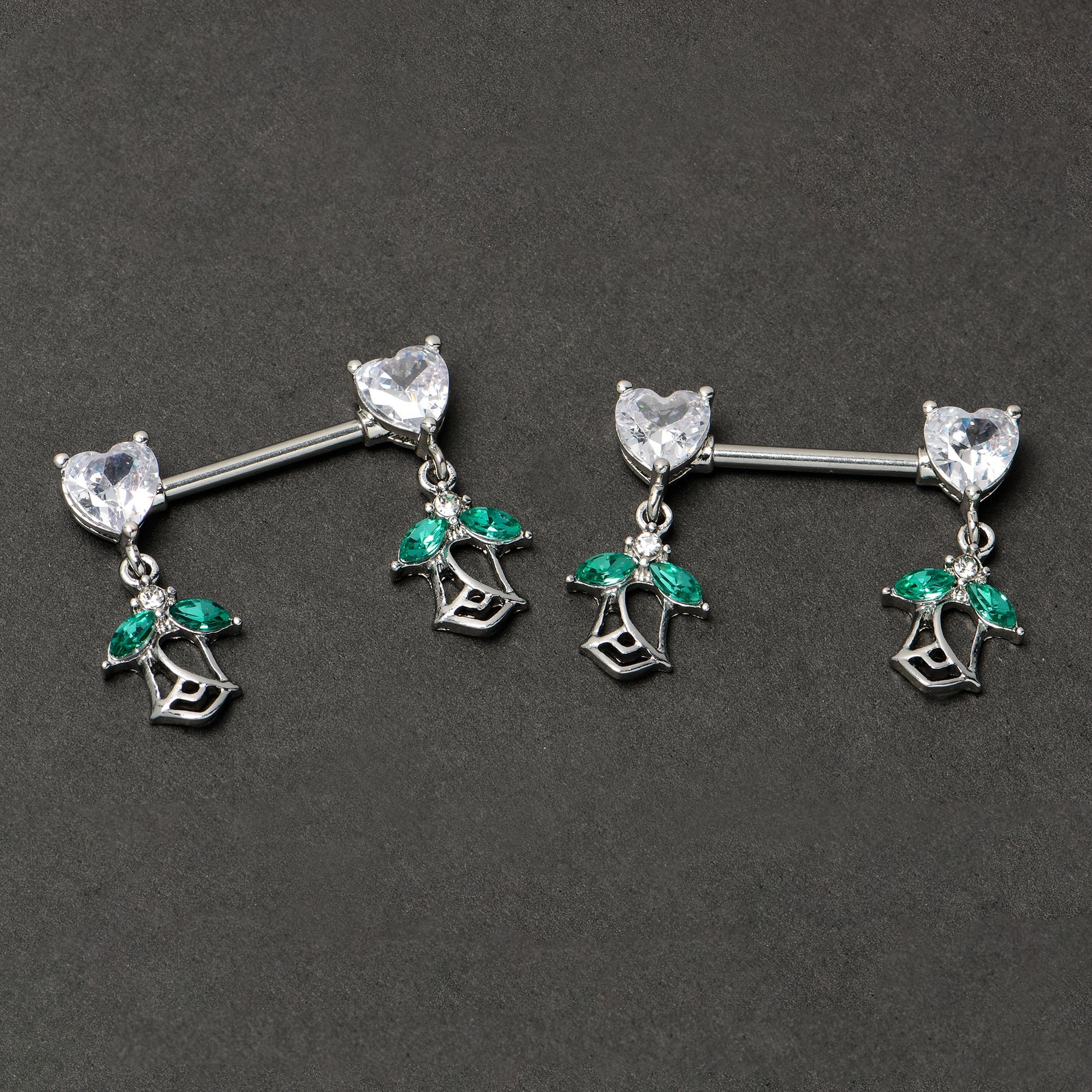 BodyCandy 14G 9/16 Clear CZ Gem Hearts And Roses Dangle Nipple Ring Set — back view