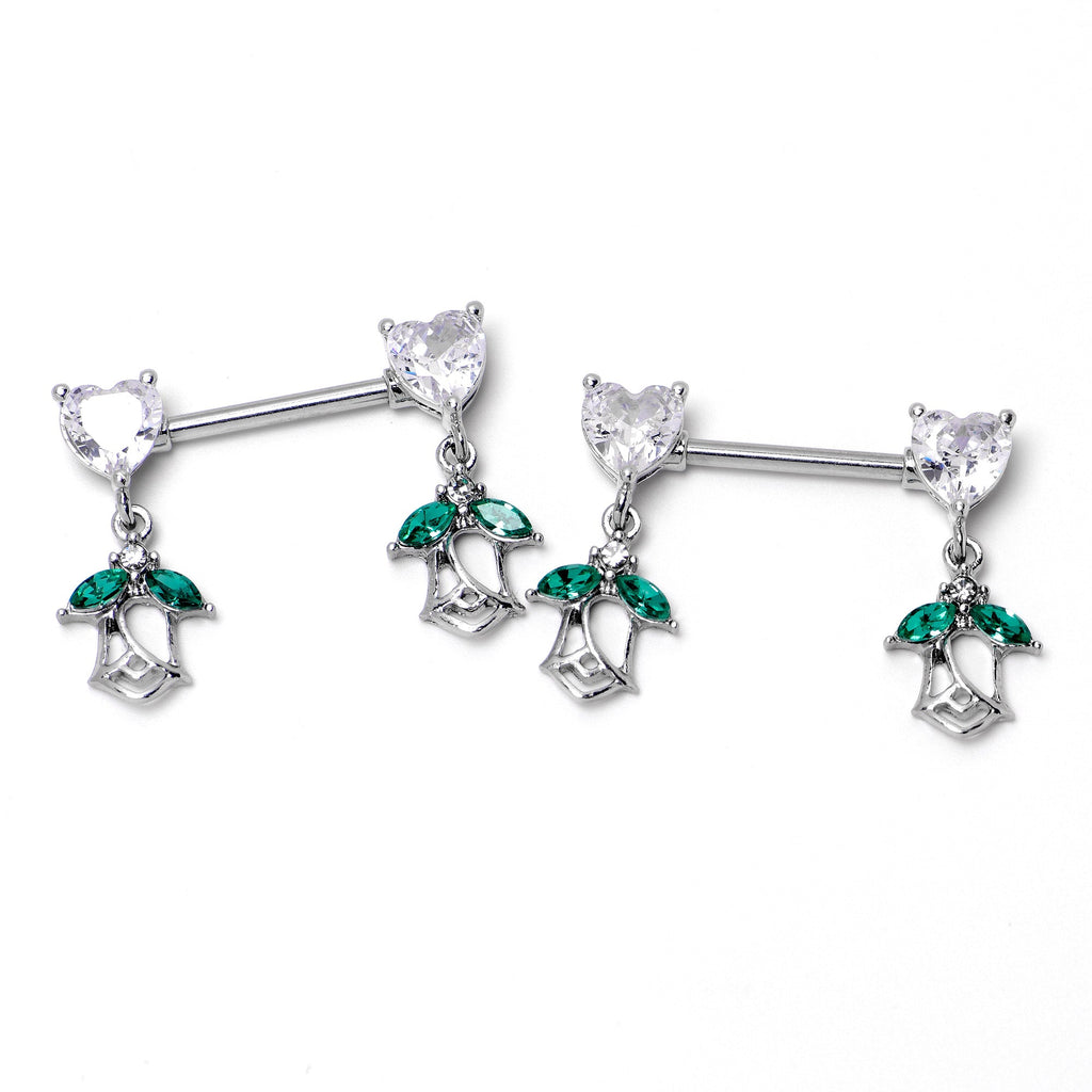 BodyCandy 14G 9/16 Clear CZ Gem Hearts And Roses Dangle Nipple Ring Set — alternative angle