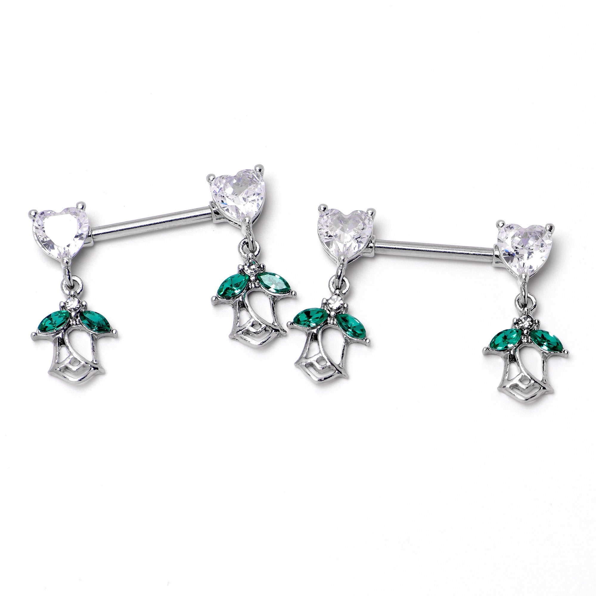 BodyCandy 14G 9/16 Clear CZ Gem Hearts And Roses Dangle Nipple Ring Set — alternative angle