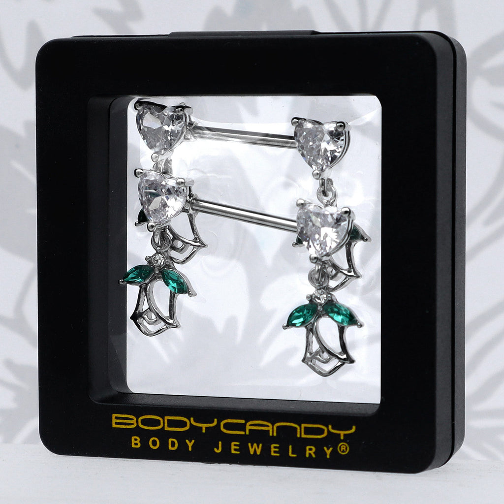 BodyCandy 14G 9/16 Clear CZ Gem Hearts And Roses Dangle Nipple Ring Set — size reference