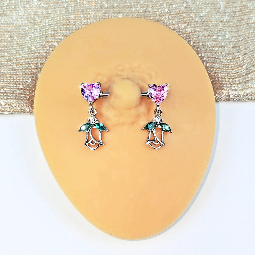 BodyCandy 14G 9/16 Pink CZ Gem Hearts And Roses Dangle Nipple Ring Set — color detail