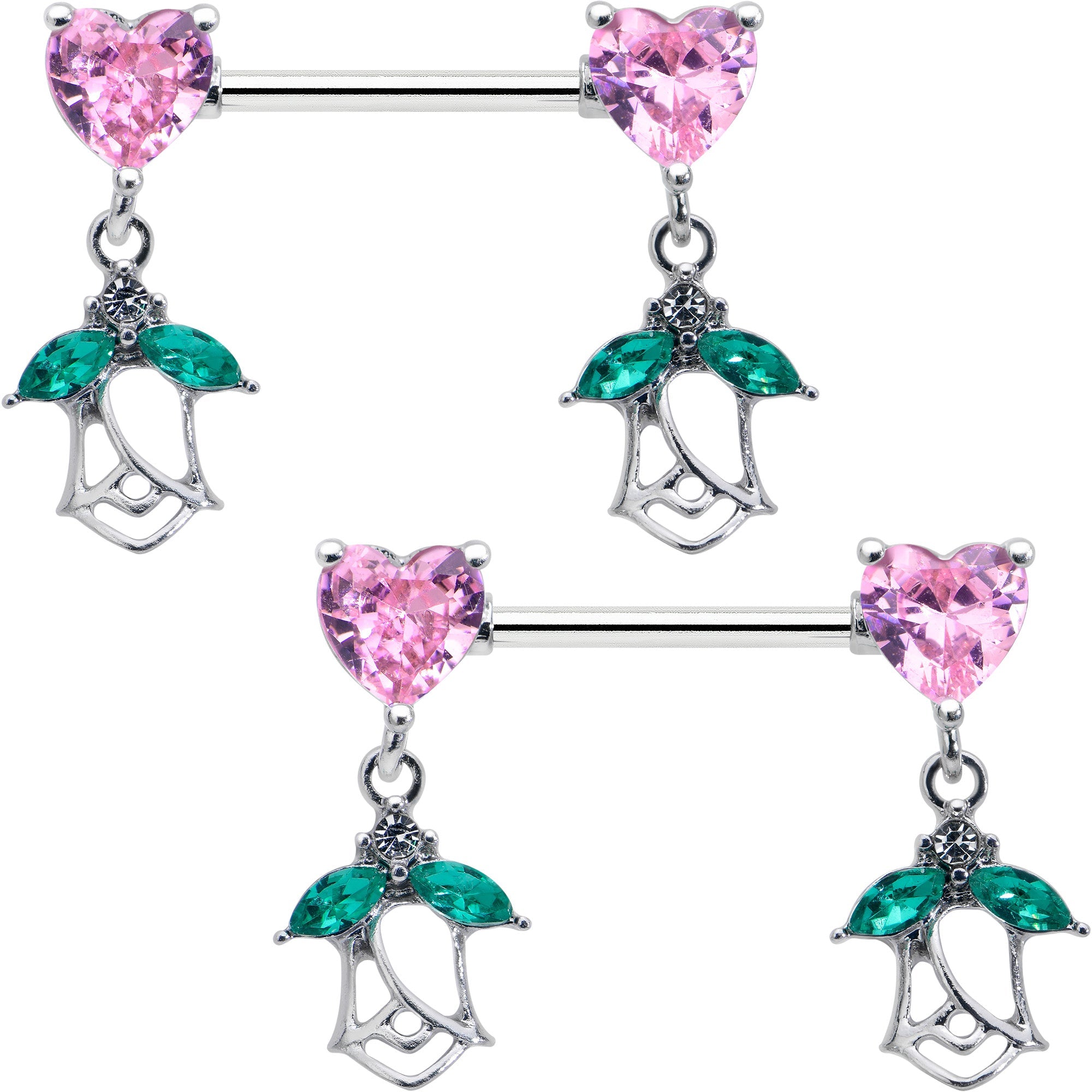 BodyCandy 14G 9/16 Pink CZ Gem Hearts And Roses Dangle Nipple Ring Set — main product shot