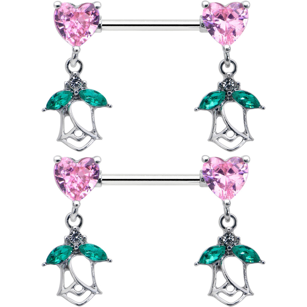 BodyCandy 14G 9/16 Pink CZ Gem Hearts And Roses Dangle Nipple Ring Set — detail close-up