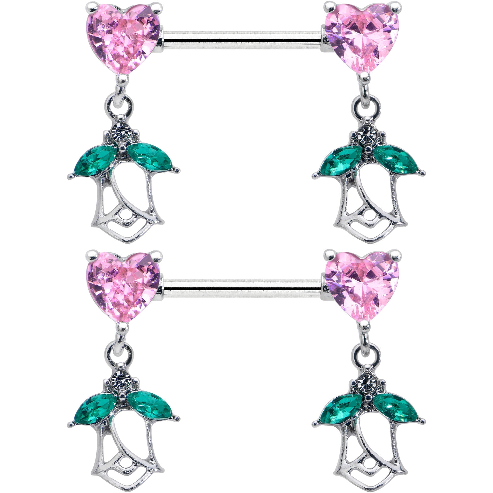 BodyCandy 14G 9/16 Pink CZ Gem Hearts And Roses Dangle Nipple Ring Set — detail close-up